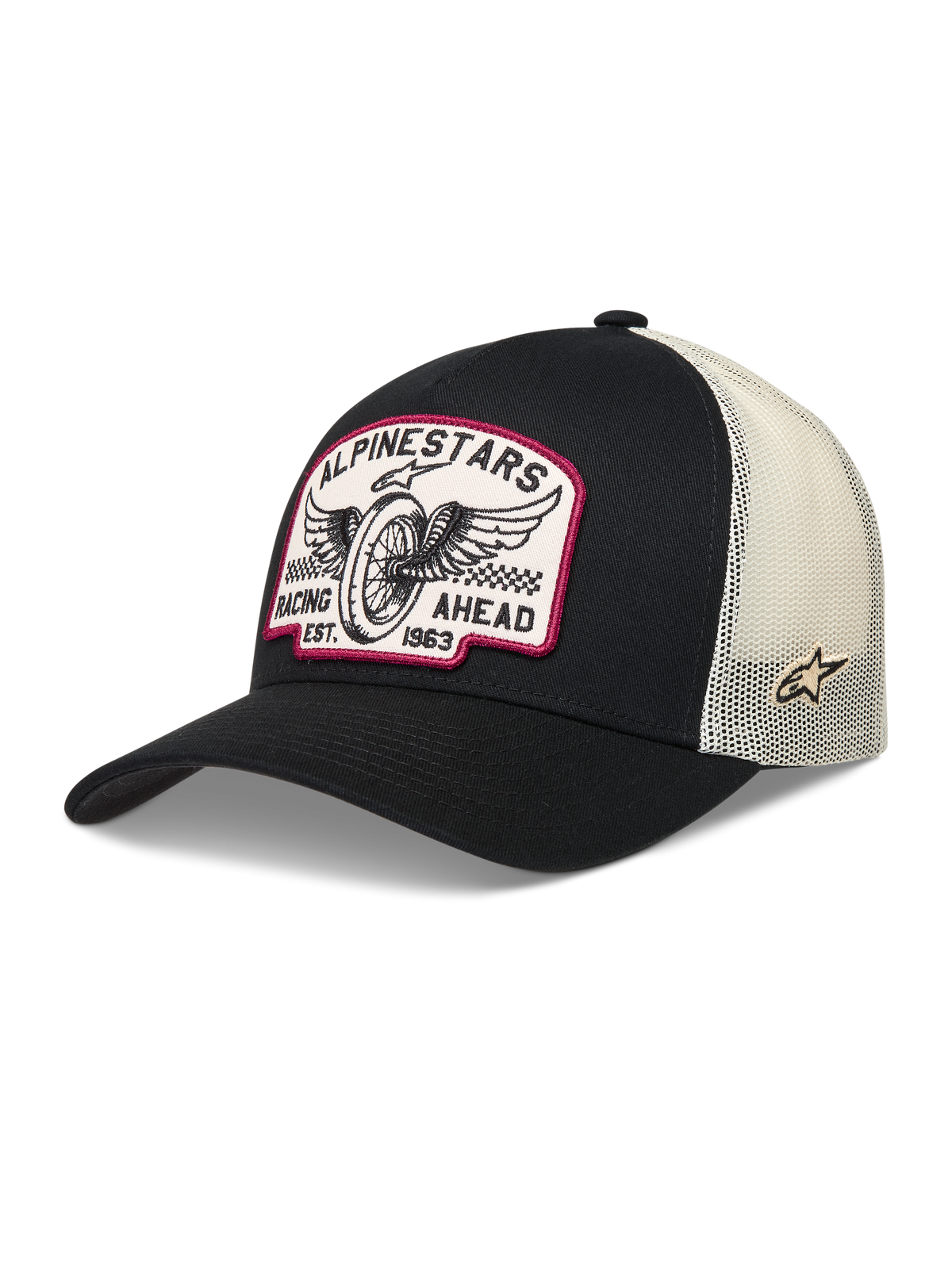 Alpinestars Heritage Patch Trucker hatt, svart och naturvit keps med en broderad vintage racinglogotyp framtill, böjd skärm och nätbaksida i mesh, klassisk motorsportstil