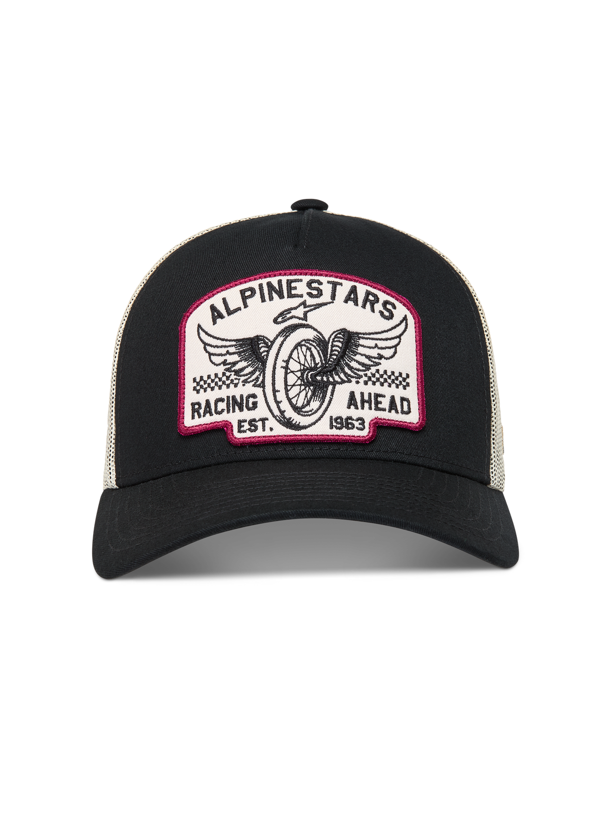 Alpinestars Heritage Patch truckerkeps, svart och naturvit, vintage-inspirerat broderat märke med bevingat hjul, böjd skärm och mesh-tyg baktill.