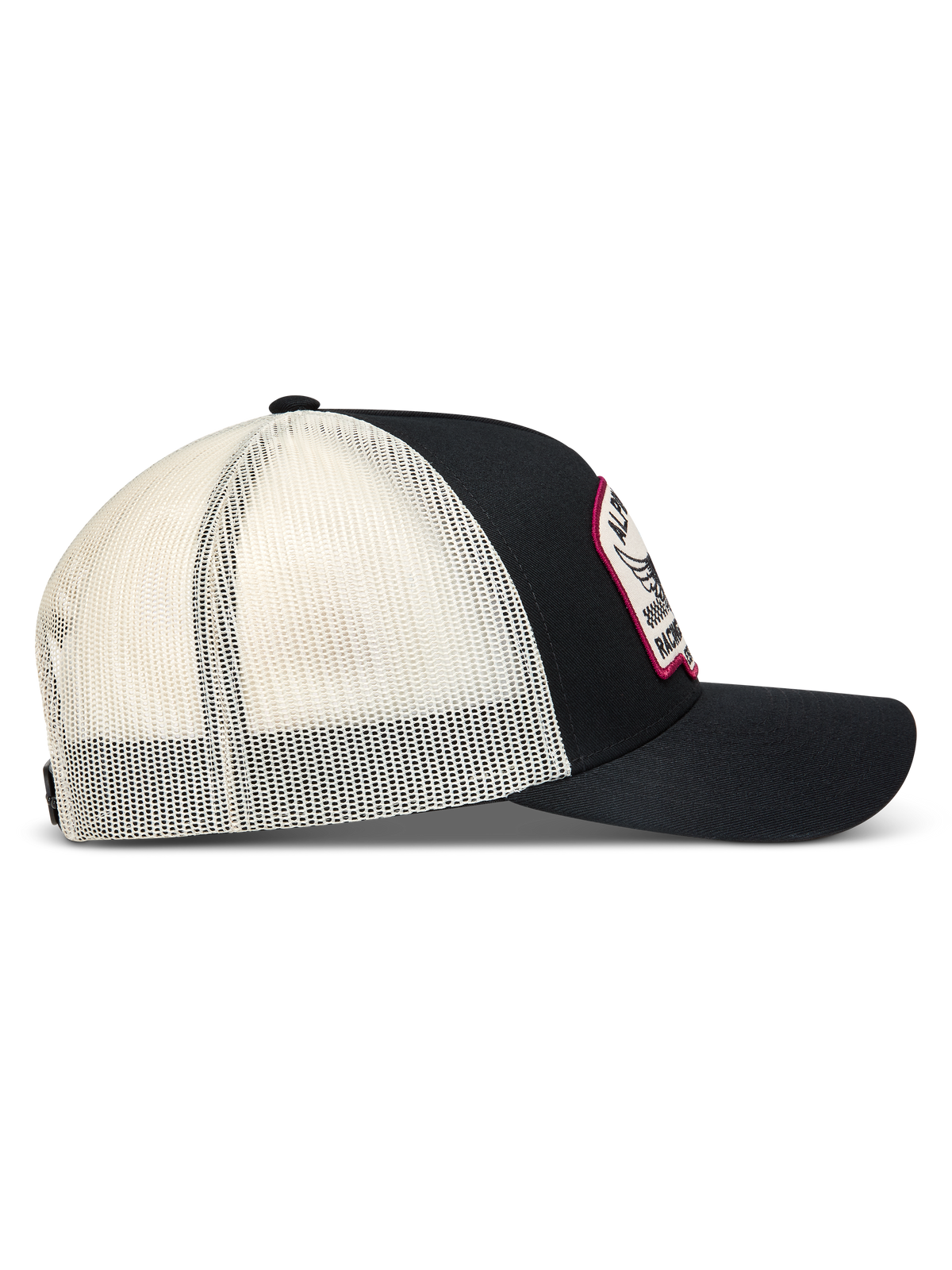 Alpinestars Heritage Patch Trucker keps, svart och vit med meshbaksida, böjd skärm och broderad patch.