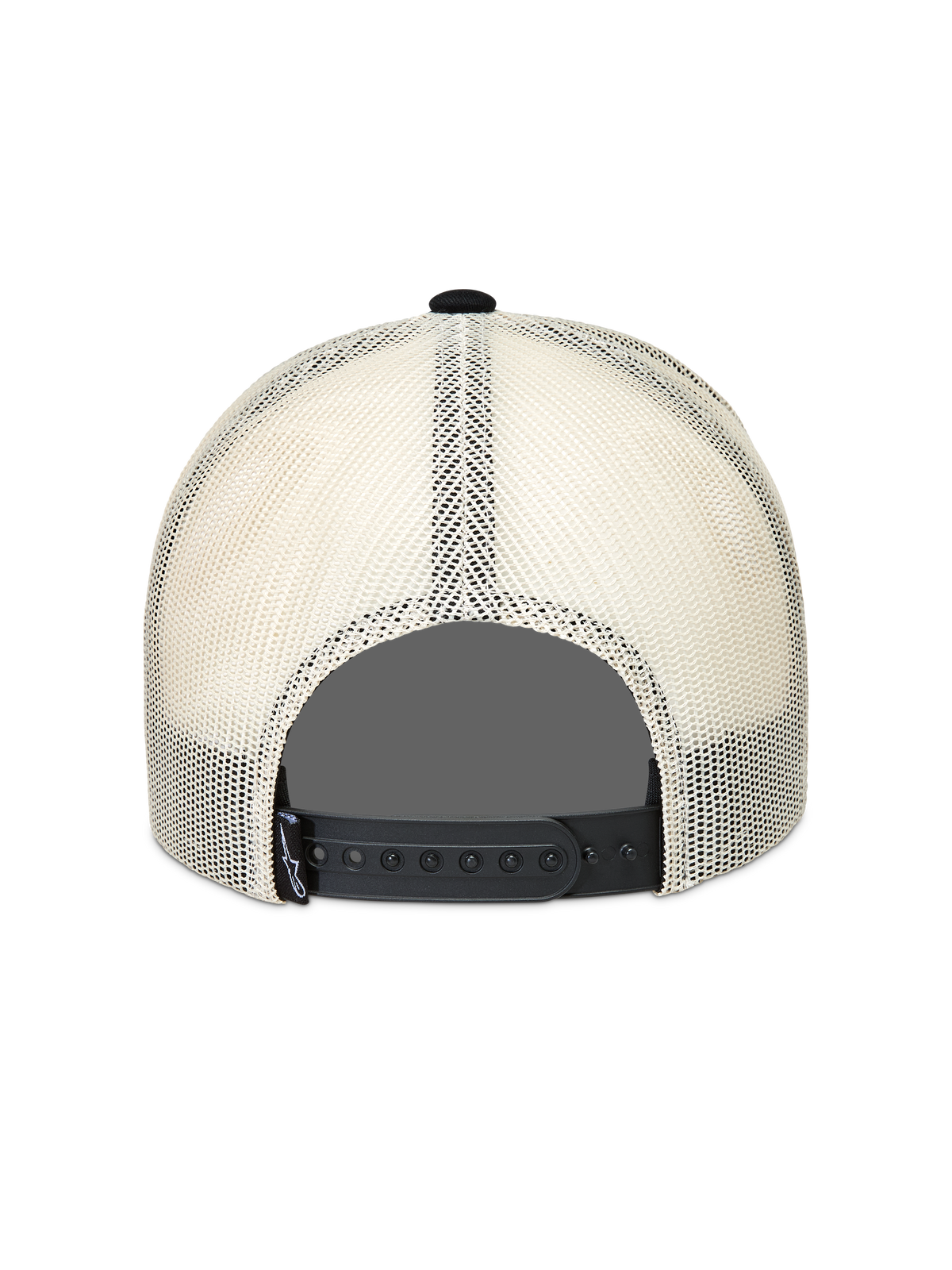 Alpinestars Heritage Patch Trucker keps, vy bakifrån i svart och natural, ventilerande poly mesh med justerbar snapback-stängning, motorsportinspirerad huvudbonad.