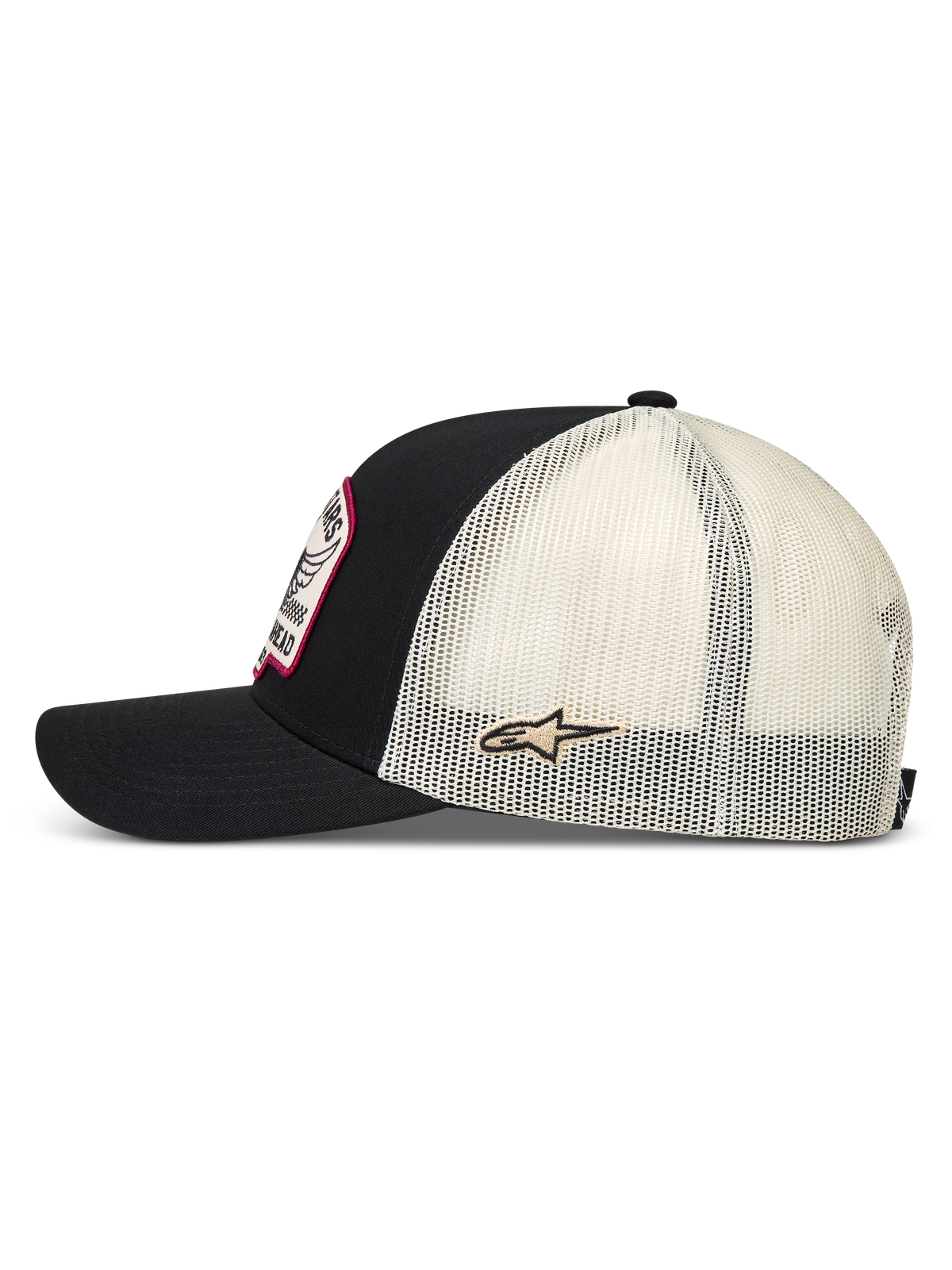 Alpinestars Heritage Patch Trucker keps, snapback för sportbruk, svart och naturvit, meshbaksida med Ageless-logotyp på sidan