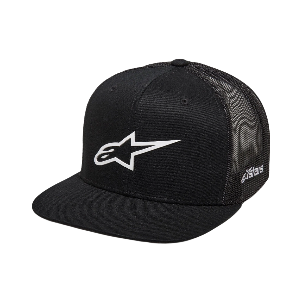Alpinestars 3D Ageless Trucker-keps, svart med vit Alpinestars-logotyp, platt skärm, strukturerad krona, svart nät baktill, avslappnad motorsport-inspirerad design
