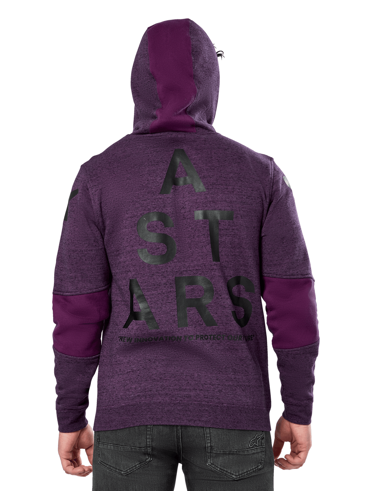 Alpinestars Perpetuate Hoodie, lila melerad pullover-fleece, vy bakifrån med stor svart 'ASTARS'-grafik och texten 'NEW INNOVATION TO PROTECT OUR FUTURE', enfärgad lila färgblockering på ärmar och huva, avslappnad motorsportinspirerad design