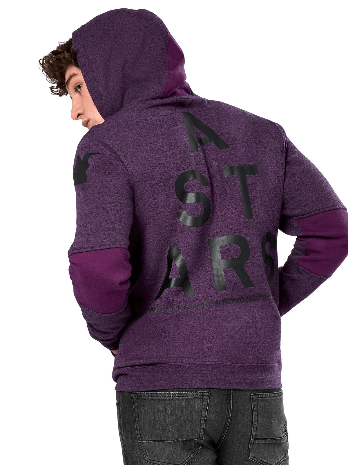 Alpinestars Perpetuate Hoodie, lila melerad fleece, vy bakifrån med stor svart 'A STARS'-grafik och mörkare lila färgblockering på armbågar och huva, avslappnad motorsport-inspirerad streetwear