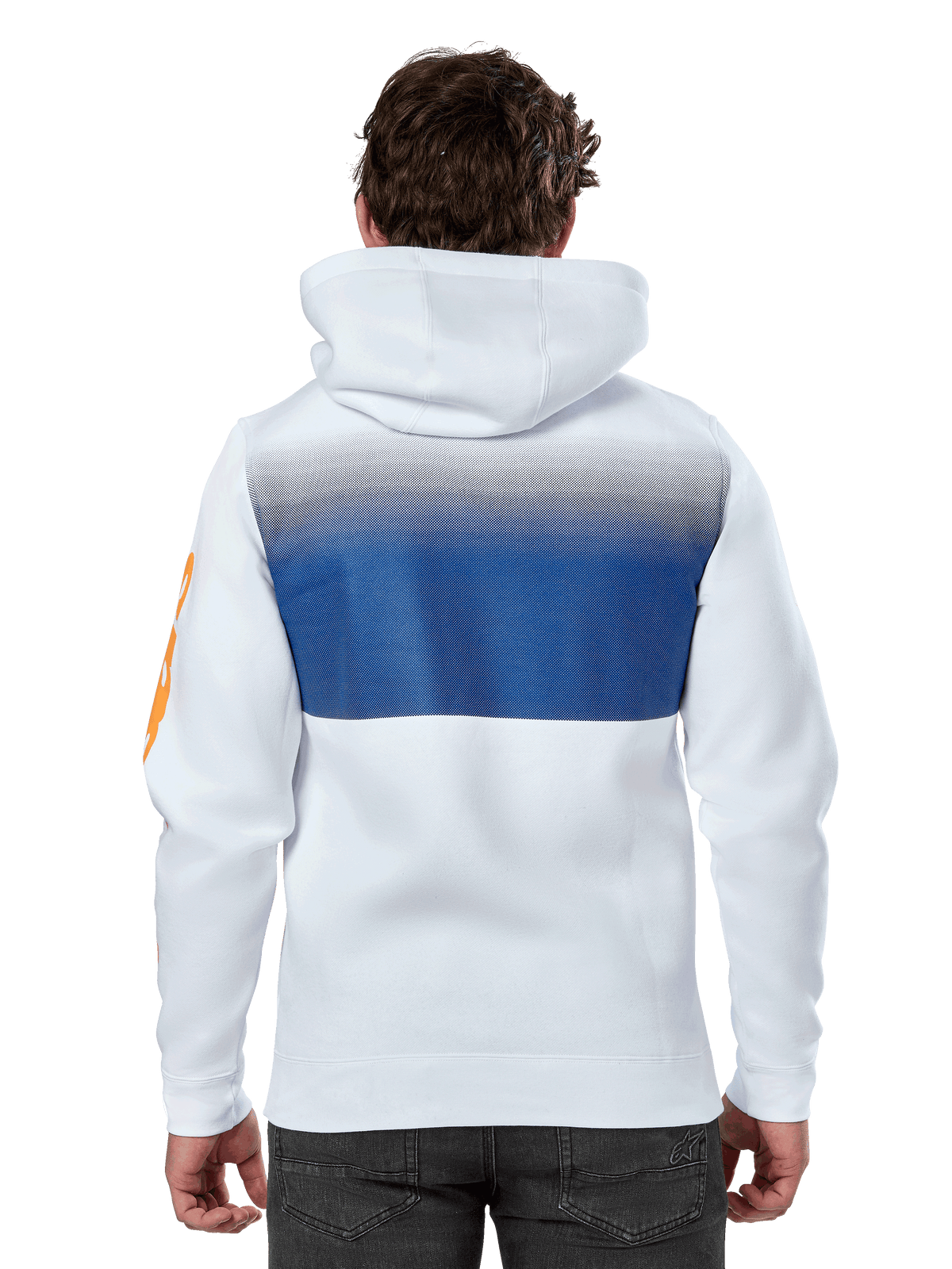 Alpinestars Specter Hoodie, vit, casual streetwear-huvtröja med ett blått tonat gradienttryck på ryggen, orange wordmark-logotyp på ärmen, sett bakifrån