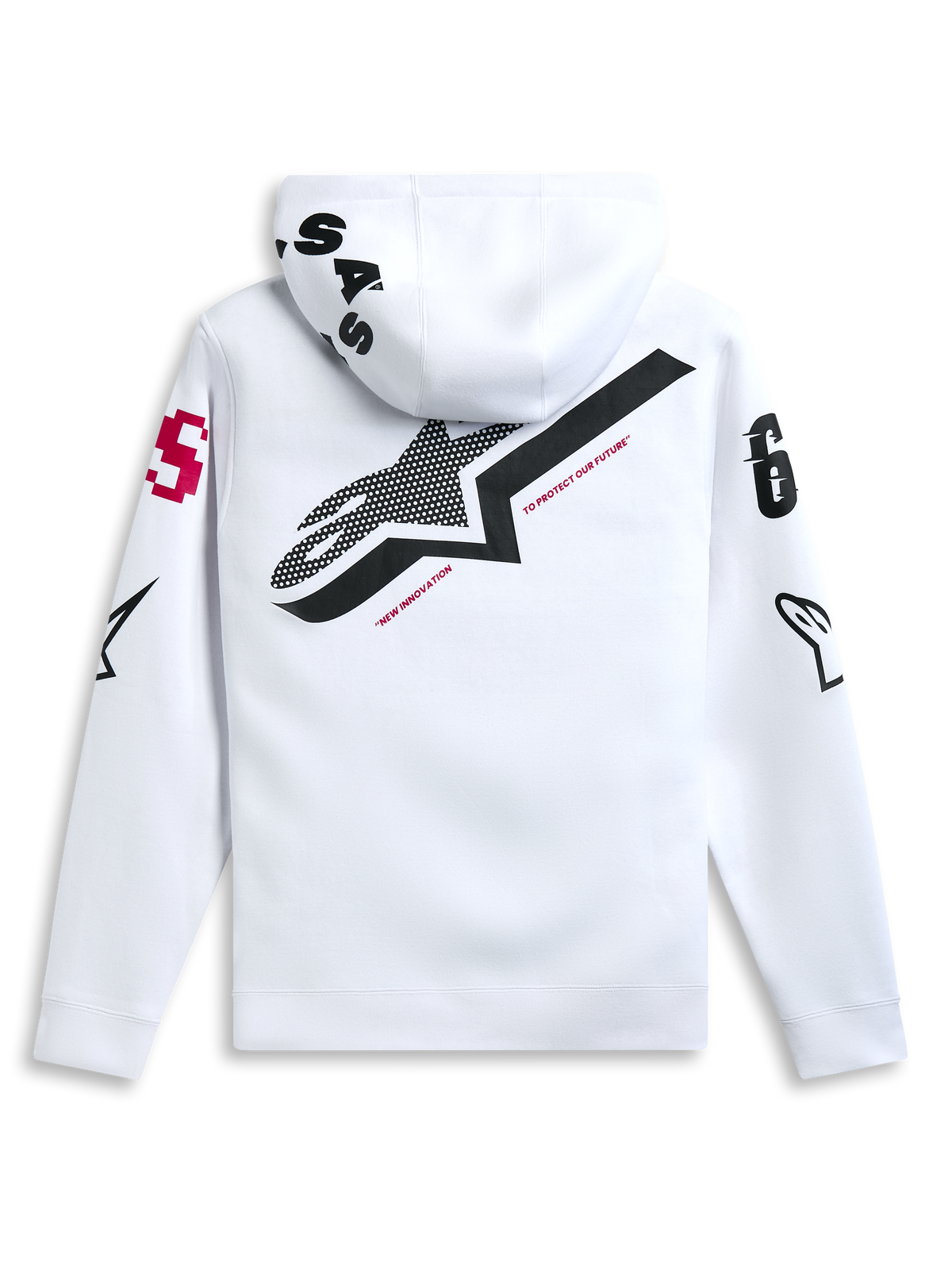 Alpinestars Variegate Hoodie, vit, baksida med stor svart stjärnlogotyp och röd 'New Innovation'-text, grafik med flera logotyper på ärmar och huva, avslappnat motorsportinspirerat streetwear