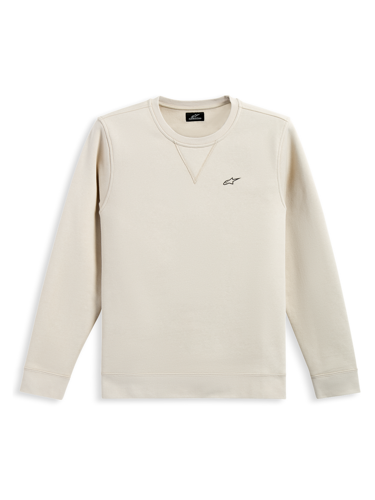 Alpinestars Positive Crew, sweatshirt med rund hals, Off White, liten svart Alpinestars-logotyp på bröstet, ribbad krage med V-sömsdetalj, ribbade muddar och fåll, vardaglig motorsportinspirerad streetwear