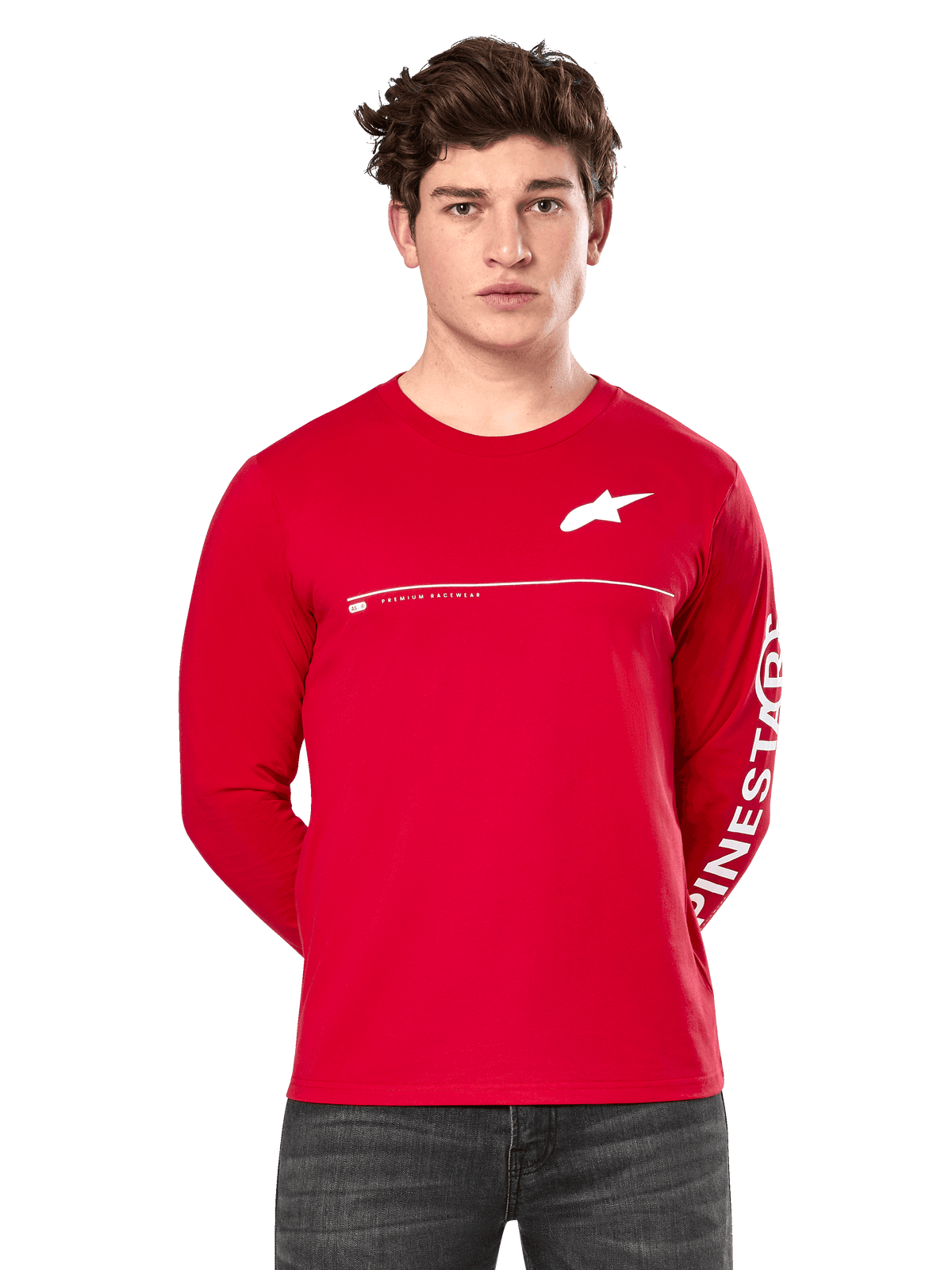 Alpinestars Committed CSF Long Sleeve Tee, Red, worn by a model, featuring white Astars chest logo and Alpinestars sleeve graphic, horizontal white chest line, casual motorsport-inspired streetwear