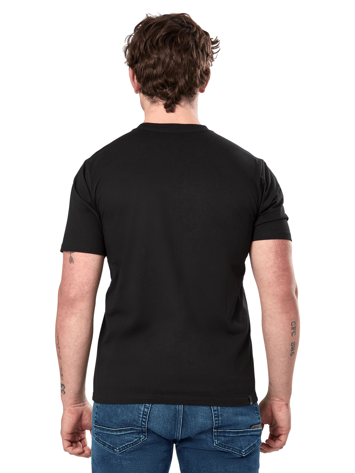 Alpinestars Cereal CSF Tee, Short Sleeve T-Shirt, Black, back view, worn with blue jeans, casual motorsport-inspired streetwear