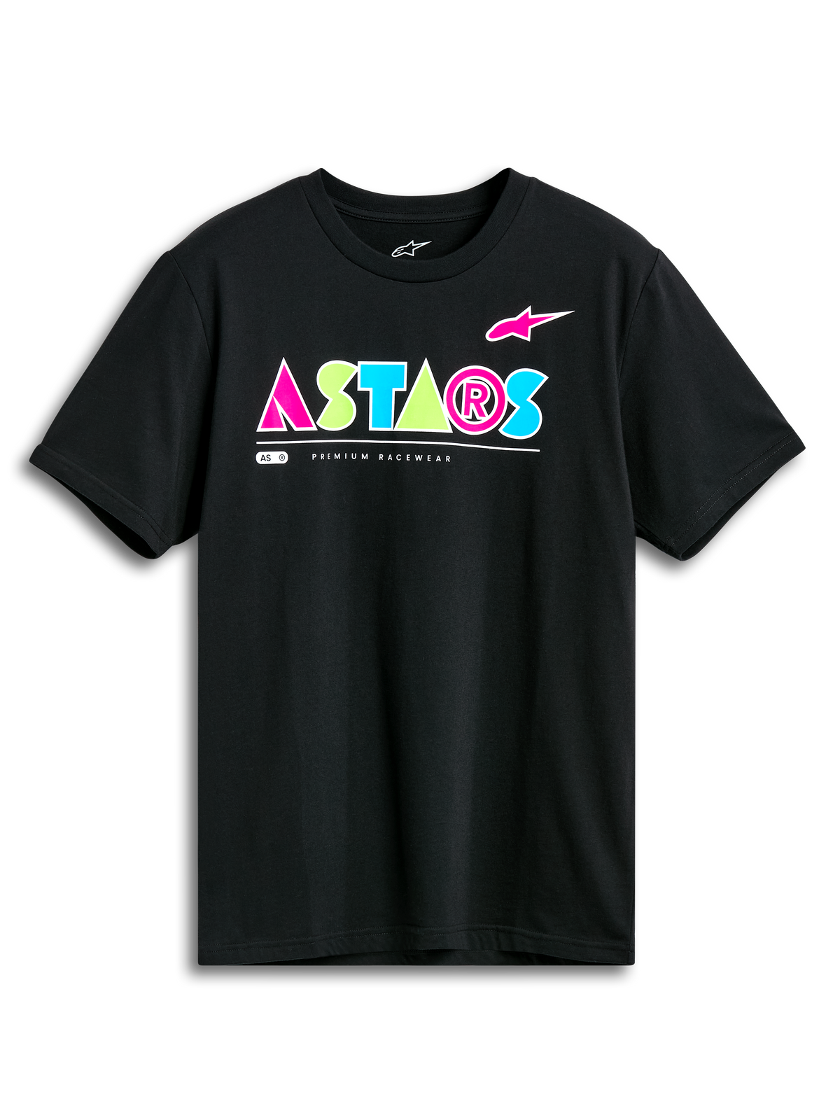 Alpinestars Cereal CSF Tee, Short Sleeve T-Shirt, Black, Vibrant Geometric ASTARS Logo in Pink, Lime Green, and Light Blue, Casual Motorsport Streetwear