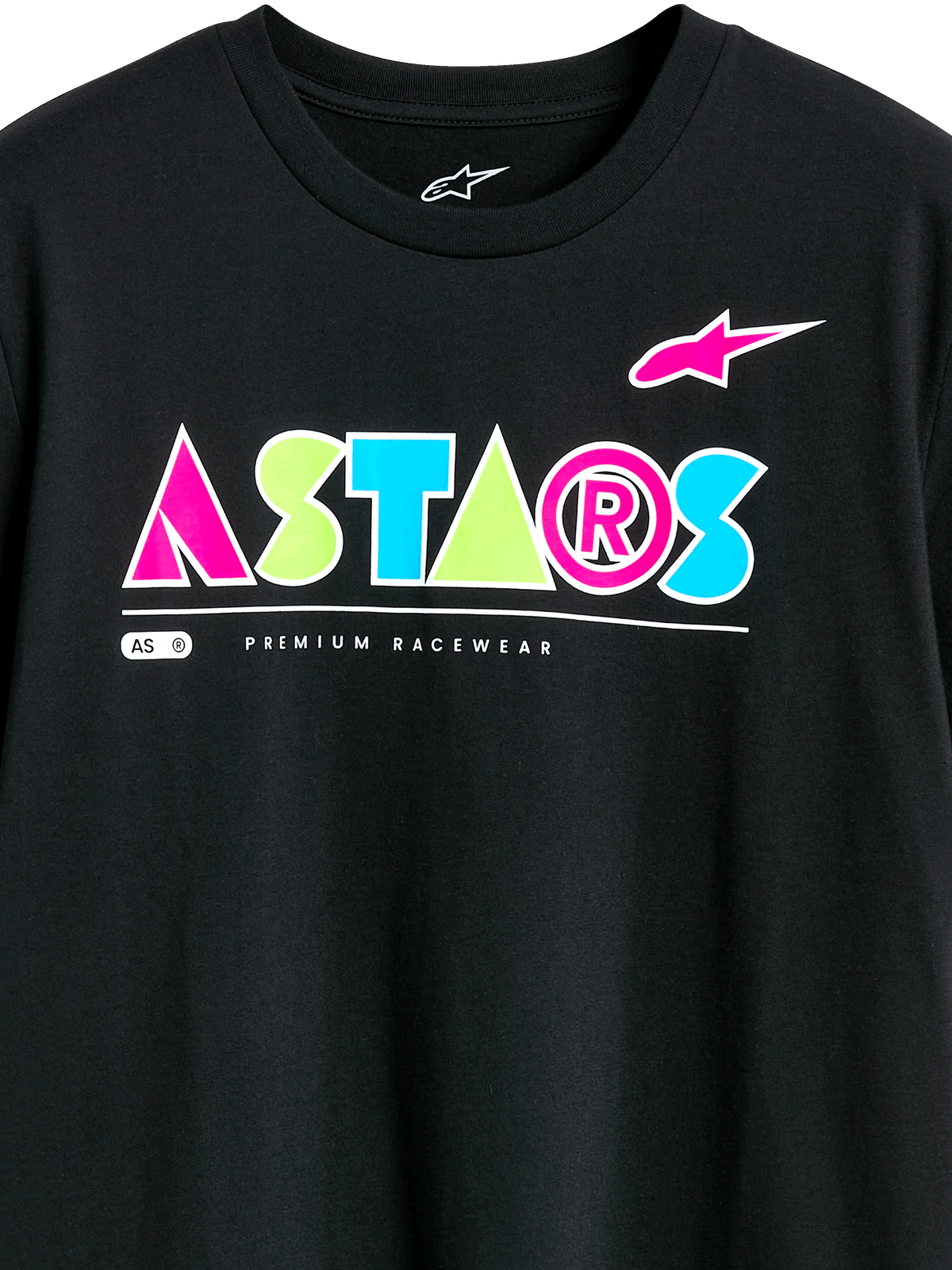 Alpinestars Cereal CSF Tee, Short Sleeve T-Shirt, Black, Colorful Geometric ASTARS Logo with pink, green, and blue accents, Premium Racewear text, Casual Motorsport Streetwear