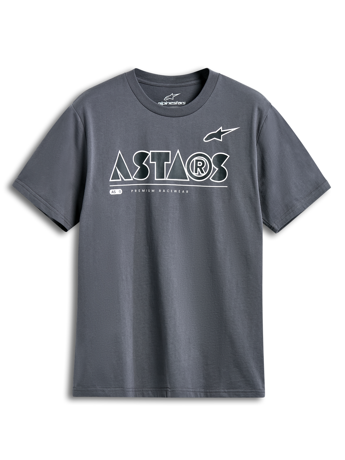 Alpinestars Cereal CSF Tee, kortärmad t-shirt, charcoal, vit geometrisk ASTARS-logotyp med texten Premium Racewear, avslappnad motorsport-streetwear