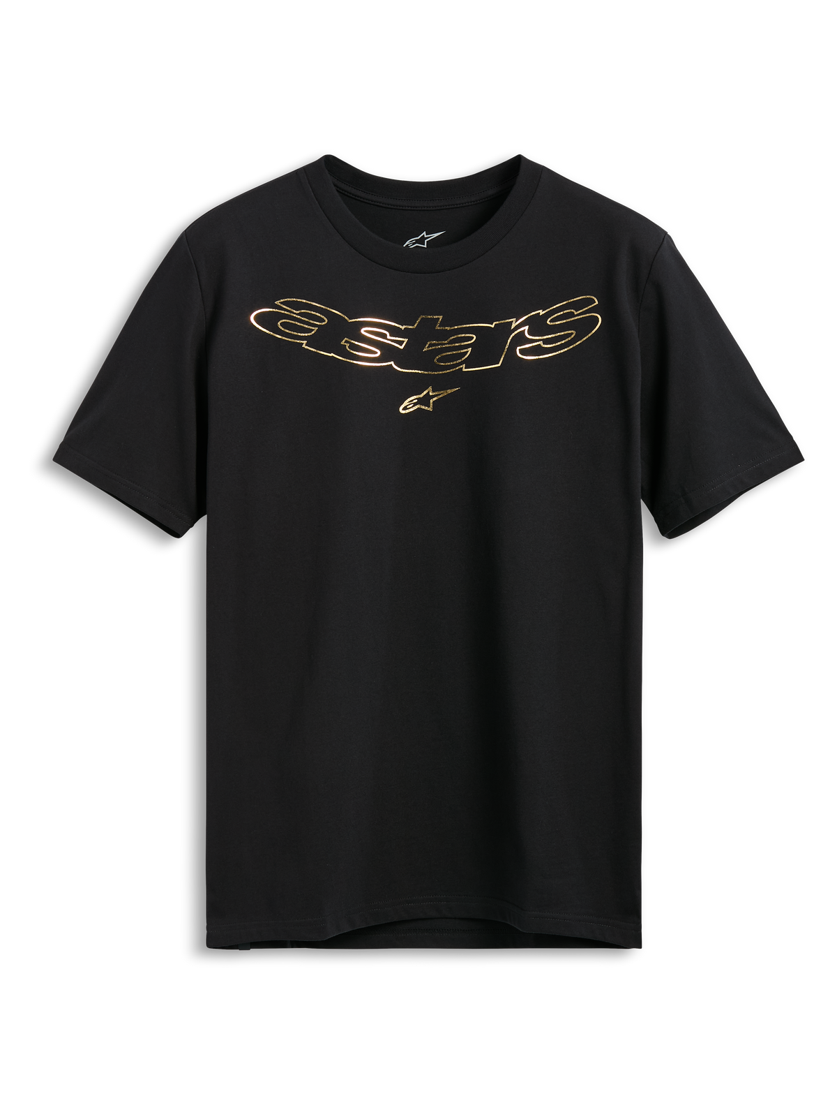 Alpinestars Luxo CSF T-shirt, kortärmad t-shirt, svart, metallisk guld Astars-logotyp med stjärnsymbol på bröstet, casual motorsport-streetwear