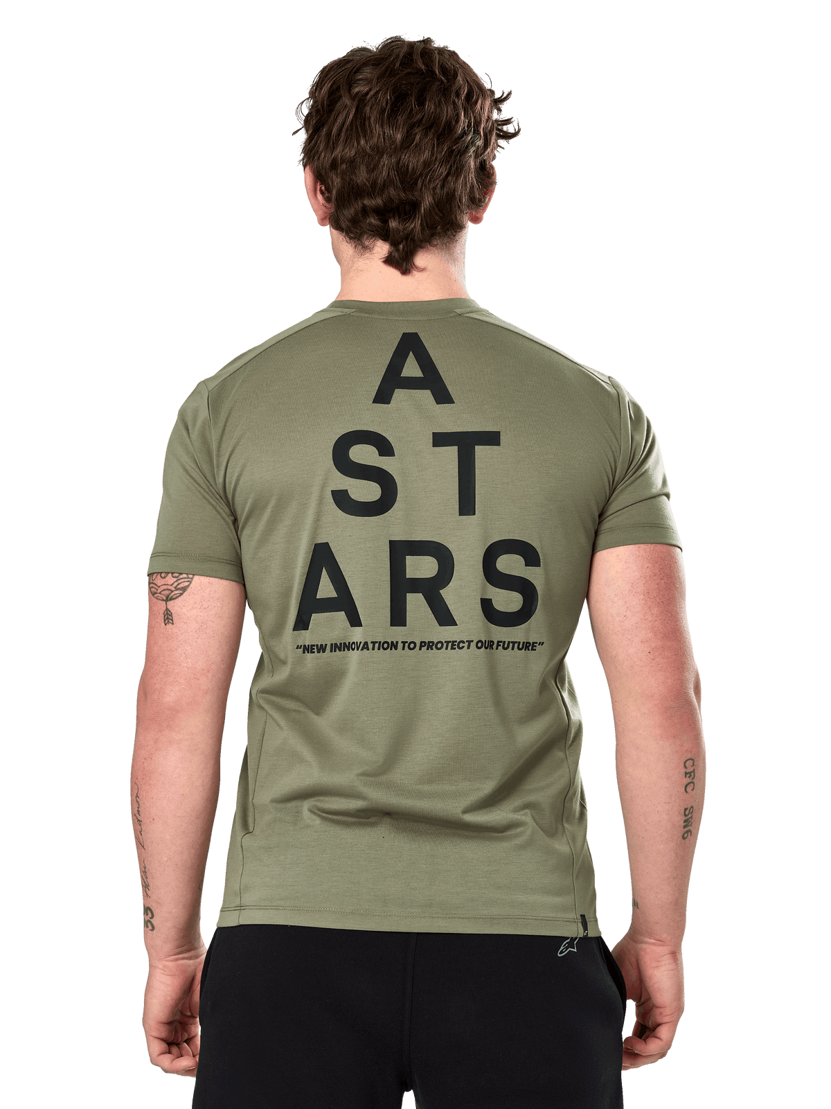 Alpinestars Attrition Performance Tee, kortärmad t-shirt, ljusgrön, vy bakifrån med stor svart staplad 'A STARS'-grafik och texten 'NEW INNOVATION TO PROTECT OUR FUTURE', hållbara funktionskläder
