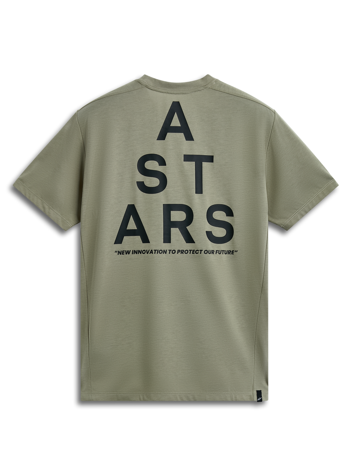 Alpinestars Attrition Performance Tee, kortärmad t-shirt, ljusgrön, vy bakifrån med stor svart staplad ASTARS-grafik och slogan "NEW INNOVATION TO PROTECT OUR FUTURE", vardagliga funktionella sportkläder
