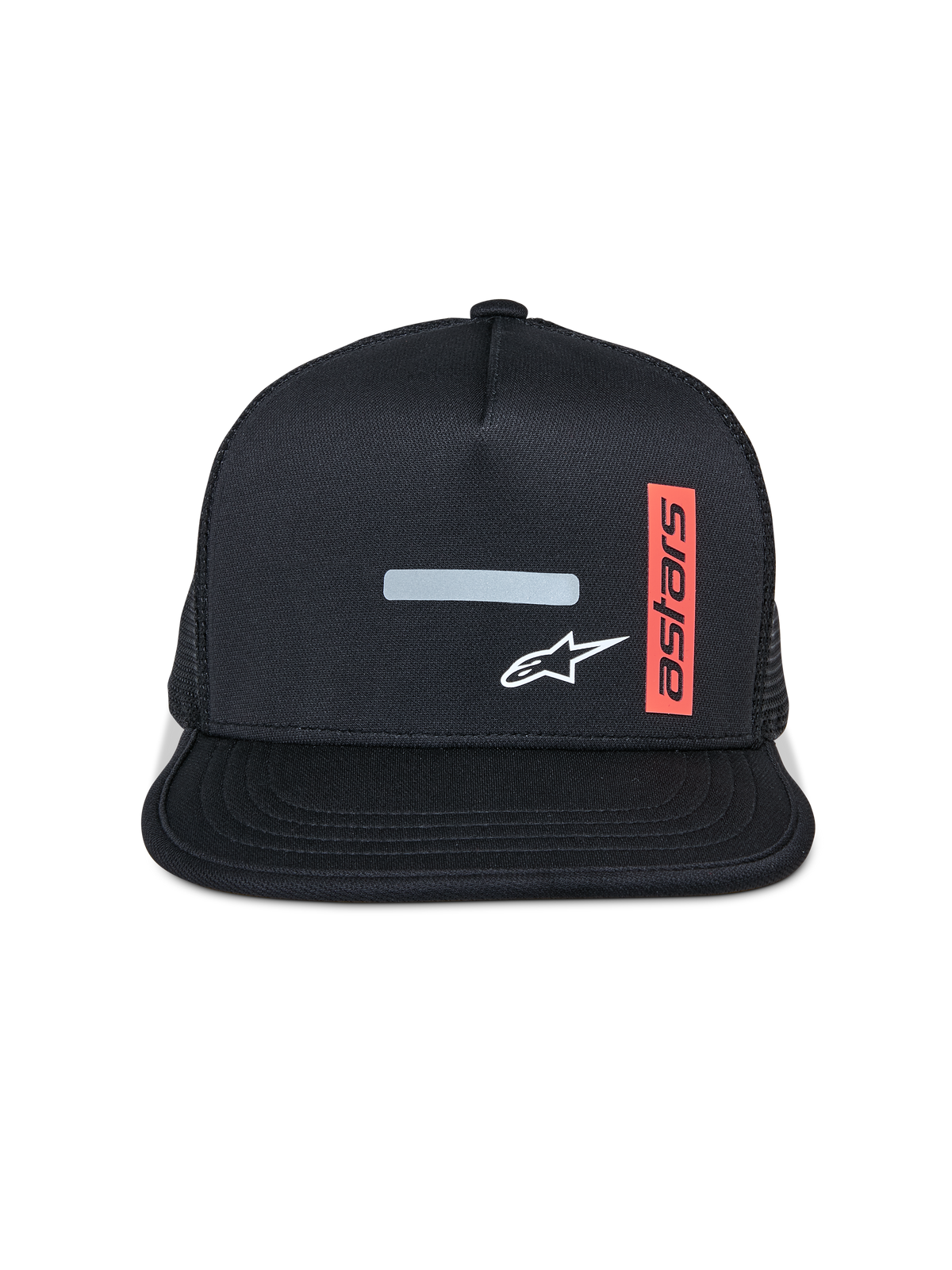 Alpinestars Alter Trucker keps, keps med platt skärm, svart med nätbaksida (mesh), reflekterande horisontell list och vit stjärnlogotyp framtill, vertikal röd etikett med texten 'Astars', casual motorsport-stil