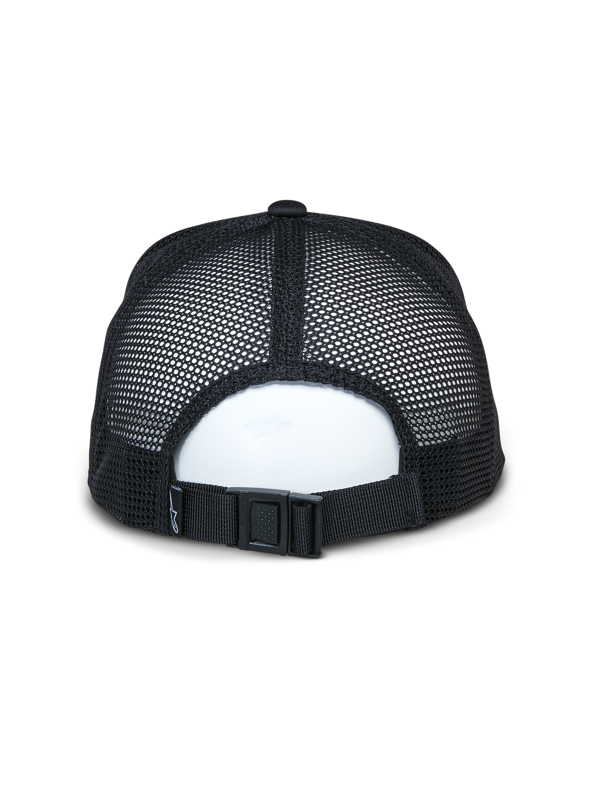 Alpinestars Alter Trucker Hat, svart, baksida som visar ventilerande paneler i återvunnen mesh och justerbart spänne, avslappnad sportaccessoar