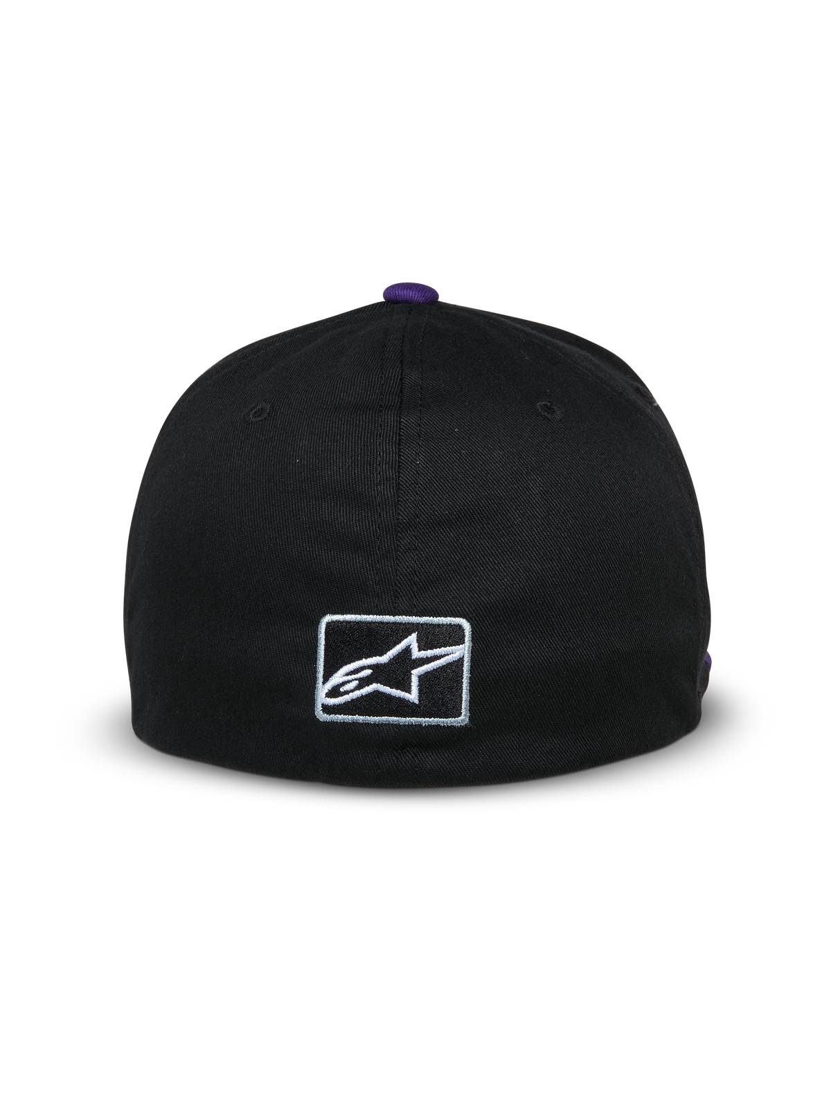 Alpinestars Franchise Hat, back view of a black baseball cap, purple button on top, small white embroidered Astars logo on the back, flex-back design, casual motorsport-inspired streetwear
