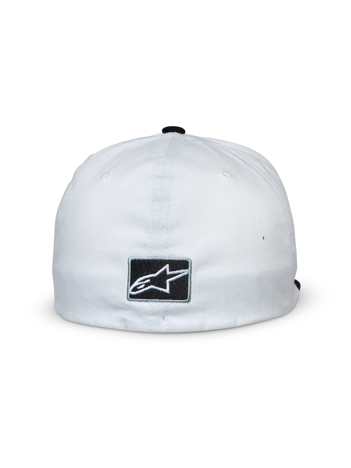 Alpinestars Franchise keps, vit och svart, vy bakifrån med ett svart rektangulärt märke med vit Alpinestars stjärnlogotyp, flex-back-design, avslappnad motorsport-inspirerad huvudbonad