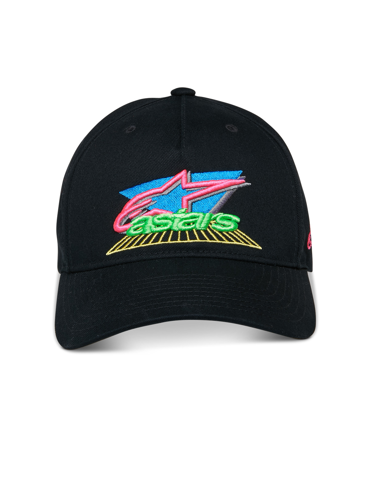 Alpinestars Vivid keps, svart baseballkeps med böjd skärm, livfull 3D-broderad logotyp med detaljer i rosa, blått och grönt, halvstrukturerad låg krona, casual motorsport-streetwear