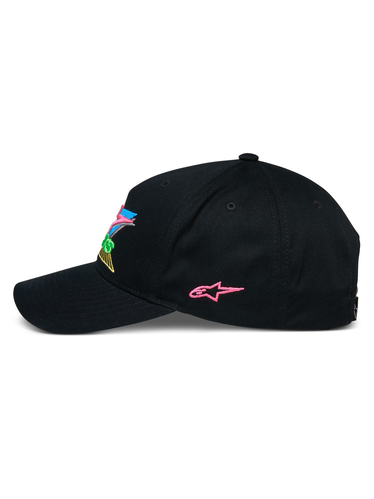 Alpinestars Vivid Keps, svart snapback-keps, sidoprofil med rosa broderad stjärnlogotyp och färgglad 3D-logotyp framtill, böjd skärm, vardaglig motorsportinspirerad streetwear