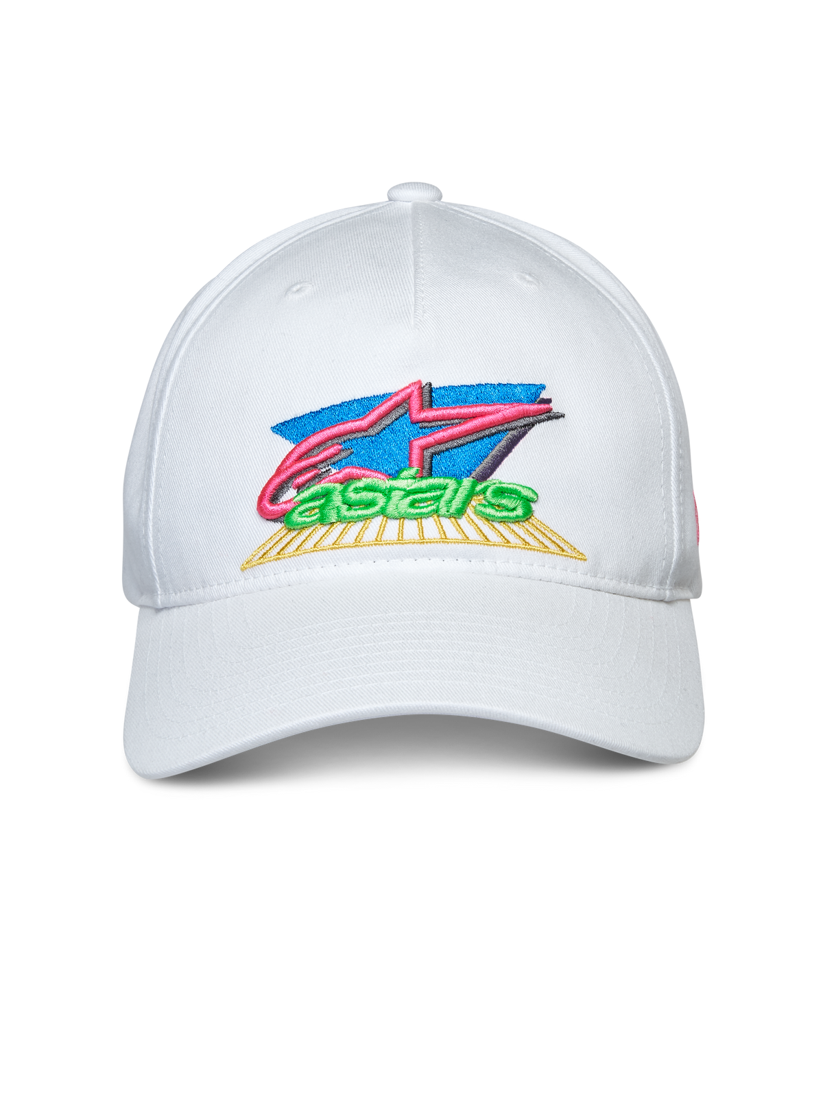 Alpinestars Vivid keps, vit snapback-keps med böjd skärm, färgglad 3D- och platt broderad logotyp framtill, avslappnade sportkläder
