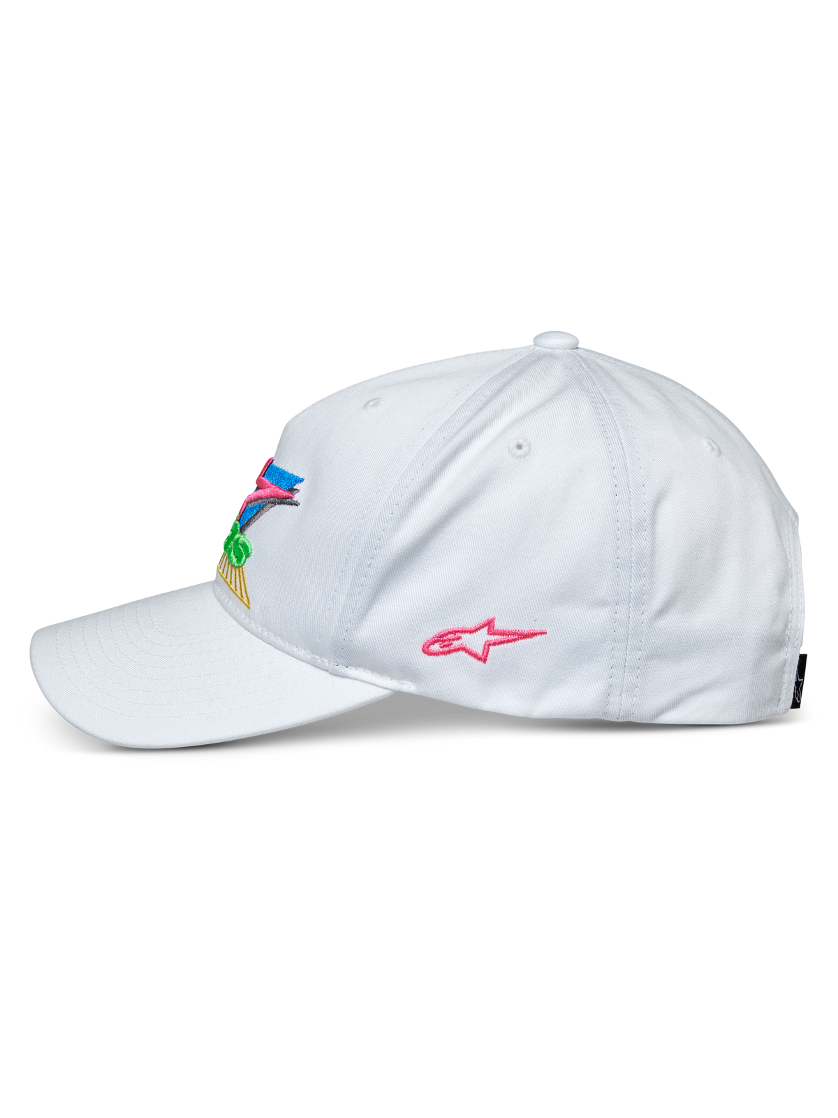 Alpinestars Vivid Keps, vit, profilvy av en baseballkeps med böjd skärm och halvstrukturerad låg krona, färgglatt 3D-broderi framtill och en rosa stjärnlogotyp på sidan, vardaglig huvudbonad för sport och fritid