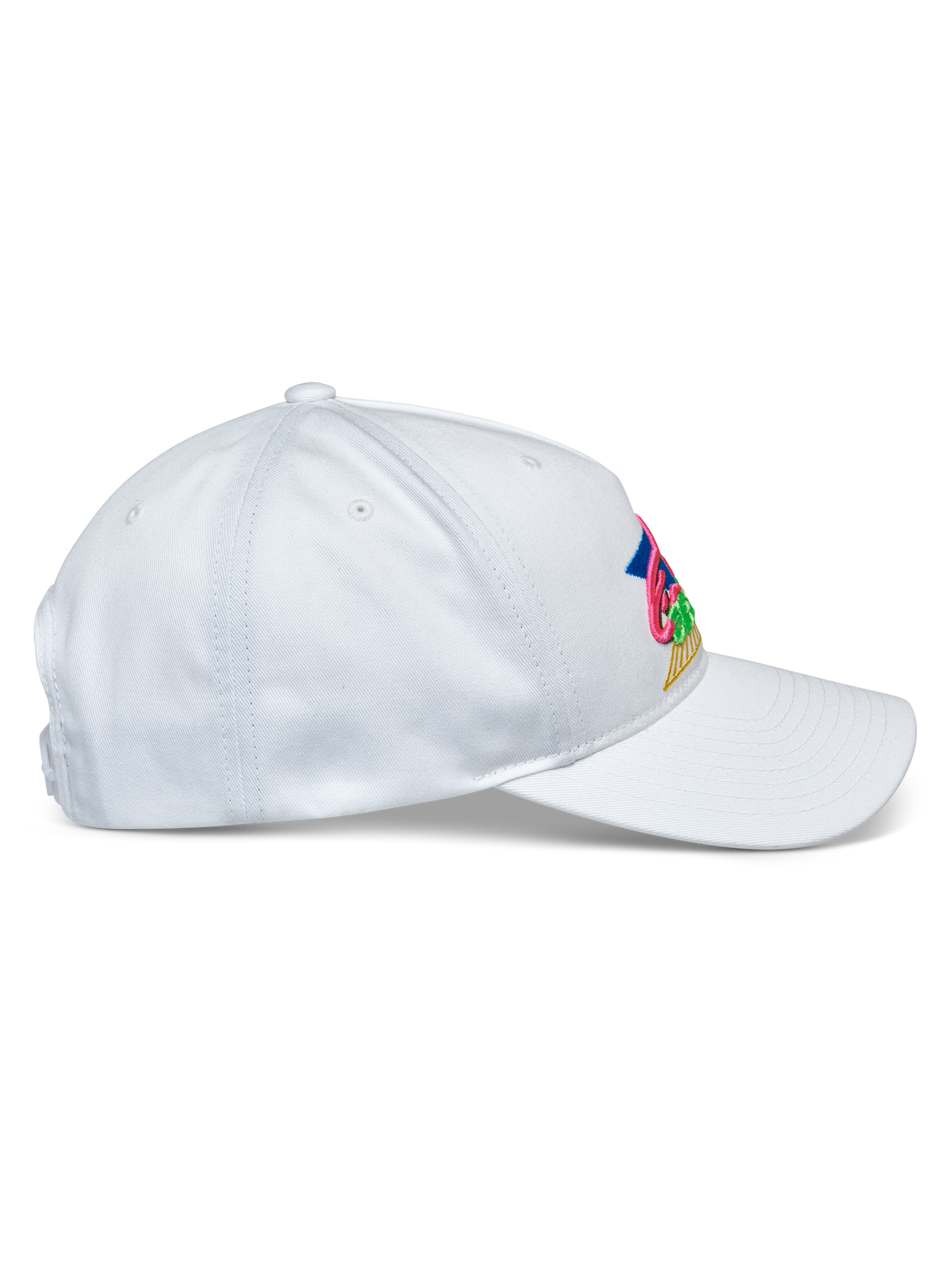 Alpinestars Vivid Hat, vit, sidoprofil, halvstrukturerad baseballkeps med låg krona och böjd skärm, bomullstwill, färgstarkt broderi i flera färger på framsidan, casual sportkeps