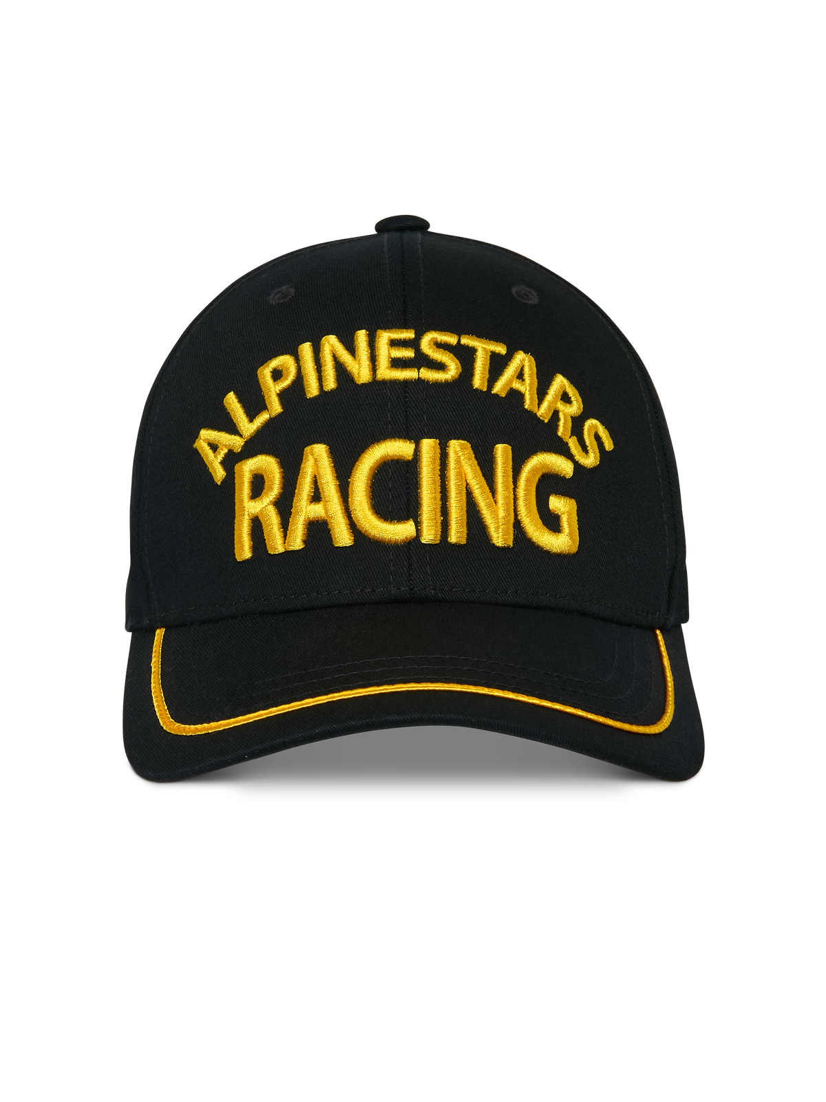 Alpinestars Luminary Hat, Black Snapback Cap, Front 3D Yellow Alpinestars Racing Embroidery, Curved Bill with Yellow Sutache Trim, Casual Motorsport Headwear