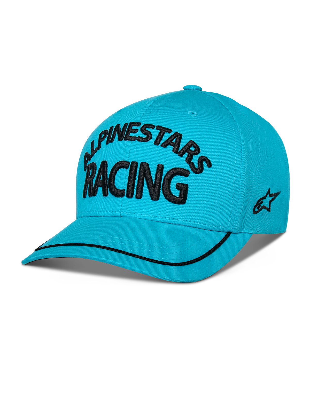 Alpinestars Luminary keps, snapback med böjd skärm, Aqua Blue, med svart 3D-broderad 'ALPINESTARS RACING'-text, platt broderad sidologotyp och svart soutache-kant på skärmen, vardaglig motorsportinspirerad huvudbonad.