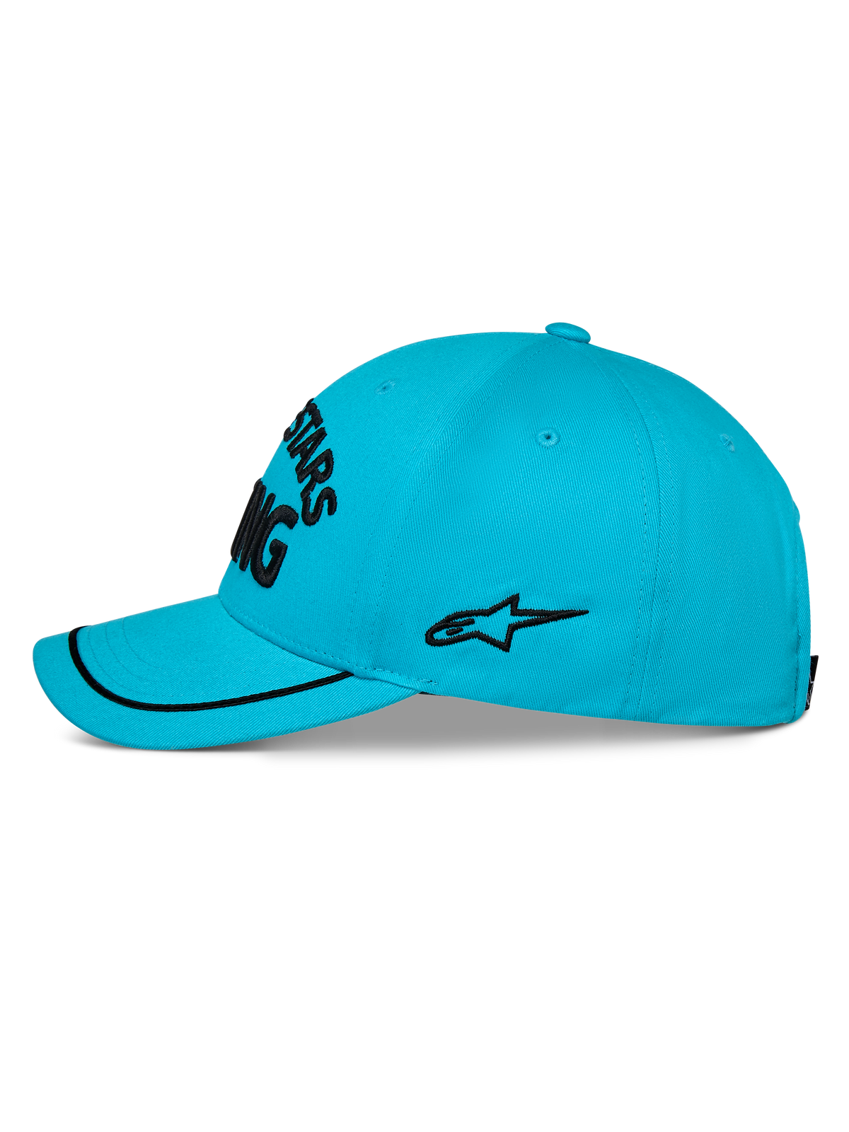 Alpinestars Luminary keps, aqua-blå baseballkeps, profilvy, böjd skärm med svart soutache-kant, svart broderad sidologotyp, strukturerad krona, casual sportswear