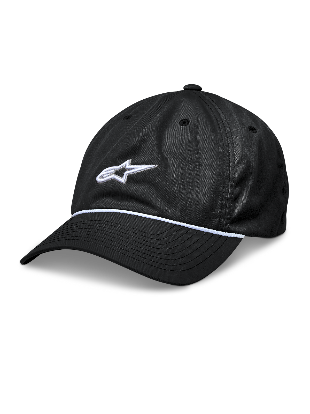 Alpinestars Tyler Hat, svart snapback-keps, böjd skärm med vit flätad snodd-detalj, vit 3D-broderad stjärnlogotyp, ostrukturerad låg krona, huvudbonad för sport och fritid