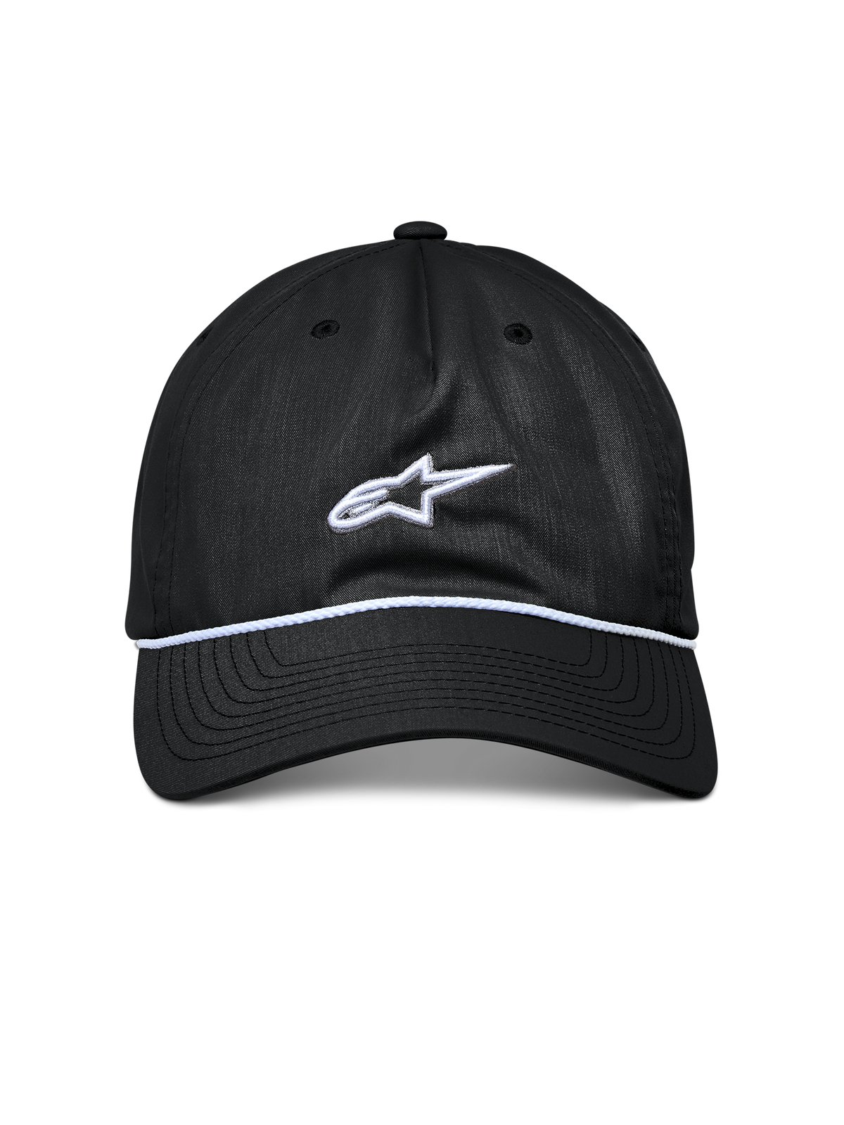 Alpinestars Tyler keps, svart snapback-keps, böjd skärm med vit flätad snodd-detalj, vit broderad Astars-logotyp, casual sportswear