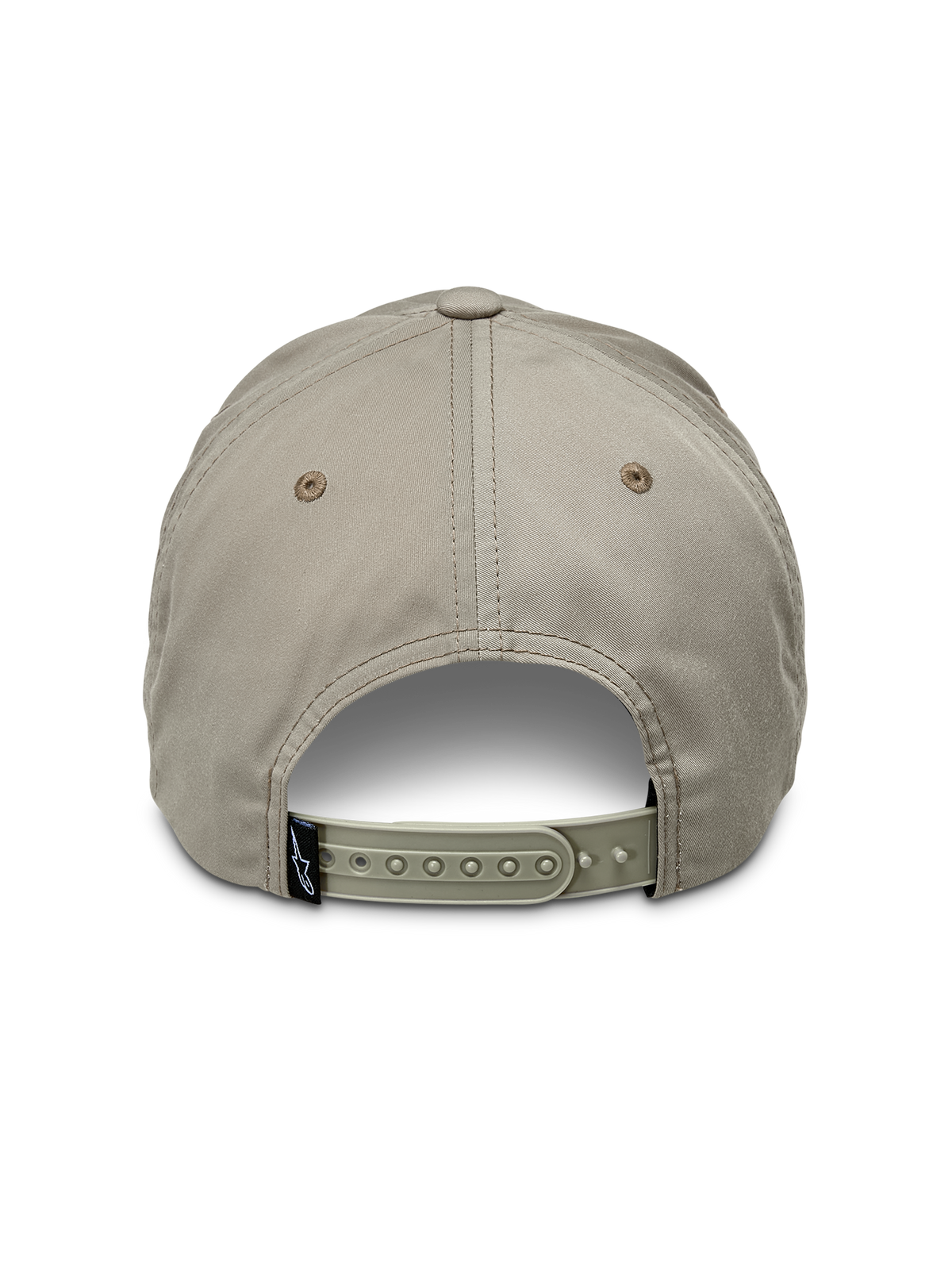 Alpinestars Tyler Hat, Khaki, rear view showing adjustable snapback closure and small black brand tag, unstructured low crown design in recycled twill fabric, casual sportswear hat
