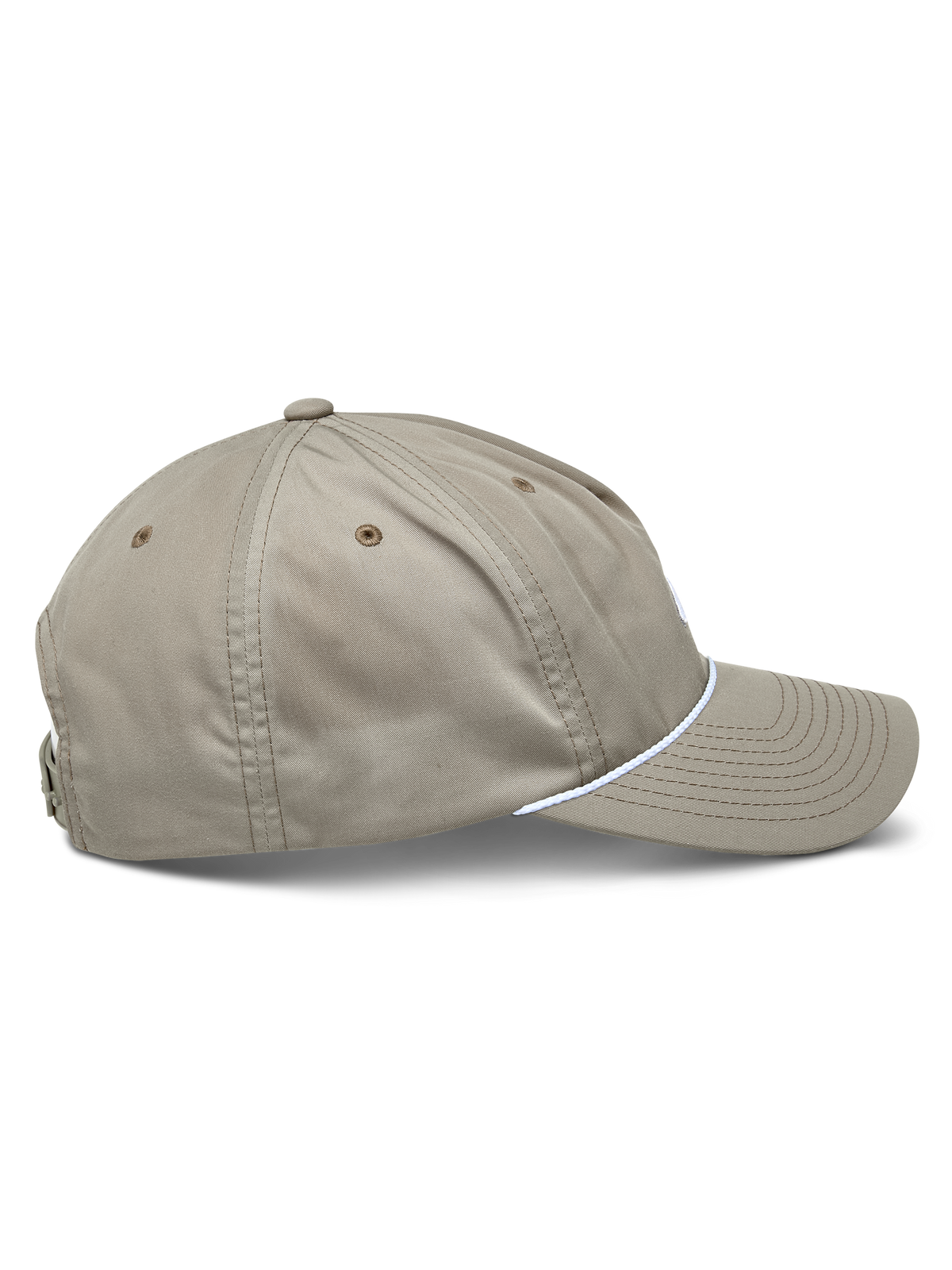 Alpinestars Tyler Hat, Khaki casual snapback cap, side profile showing curved bill with white braided rope trim, unstructured low crown made of recycled twill, motorsport-inspired lifestyle headwear