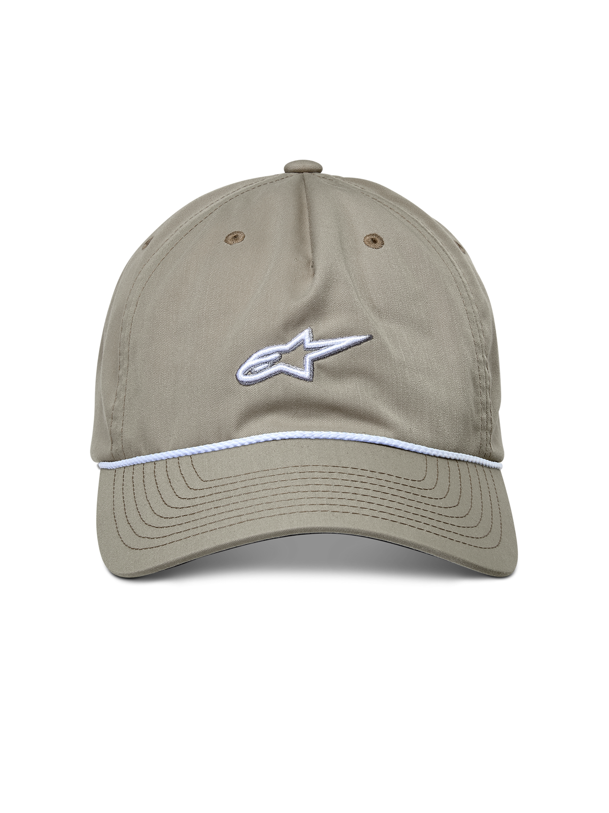 Alpinestars Tyler Hat, Casual Sportswear Hat, Khaki, front view with white embroidered logo and braided rope trim, curved bill, relaxed low crown design