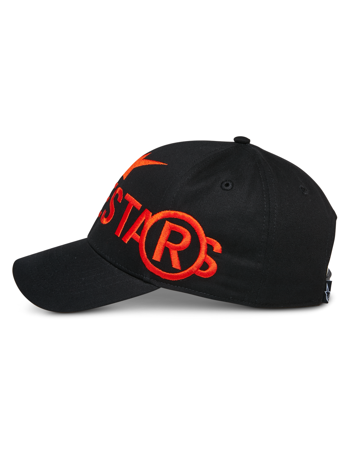 Alpinestars Committed Hat, Black, Snapback Baseball Cap, Side view featuring large orange flat embroidery logo, structured crown with curved bill, casual motorsport lifestyle headwear
