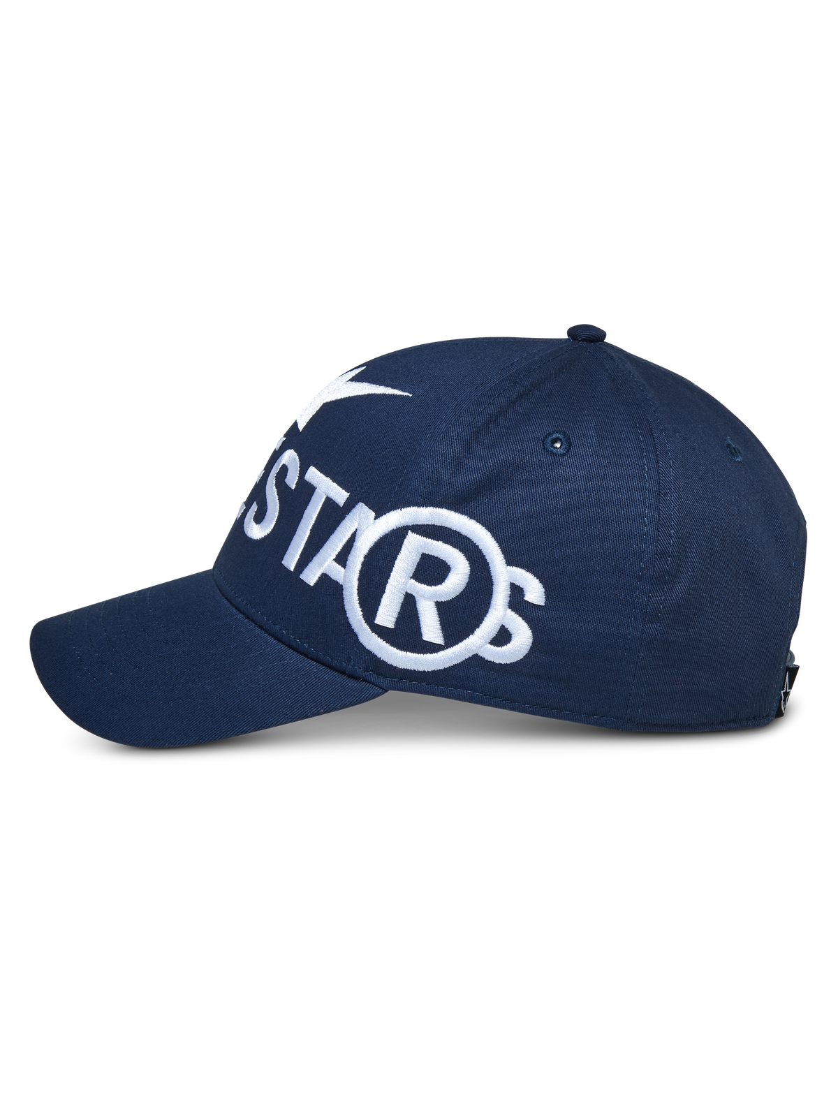Alpinestars Committed keps, marinblå snapback, sidovy med stor vit broderad logotyp, böjd skärm och strukturerad krona, casual sportswear