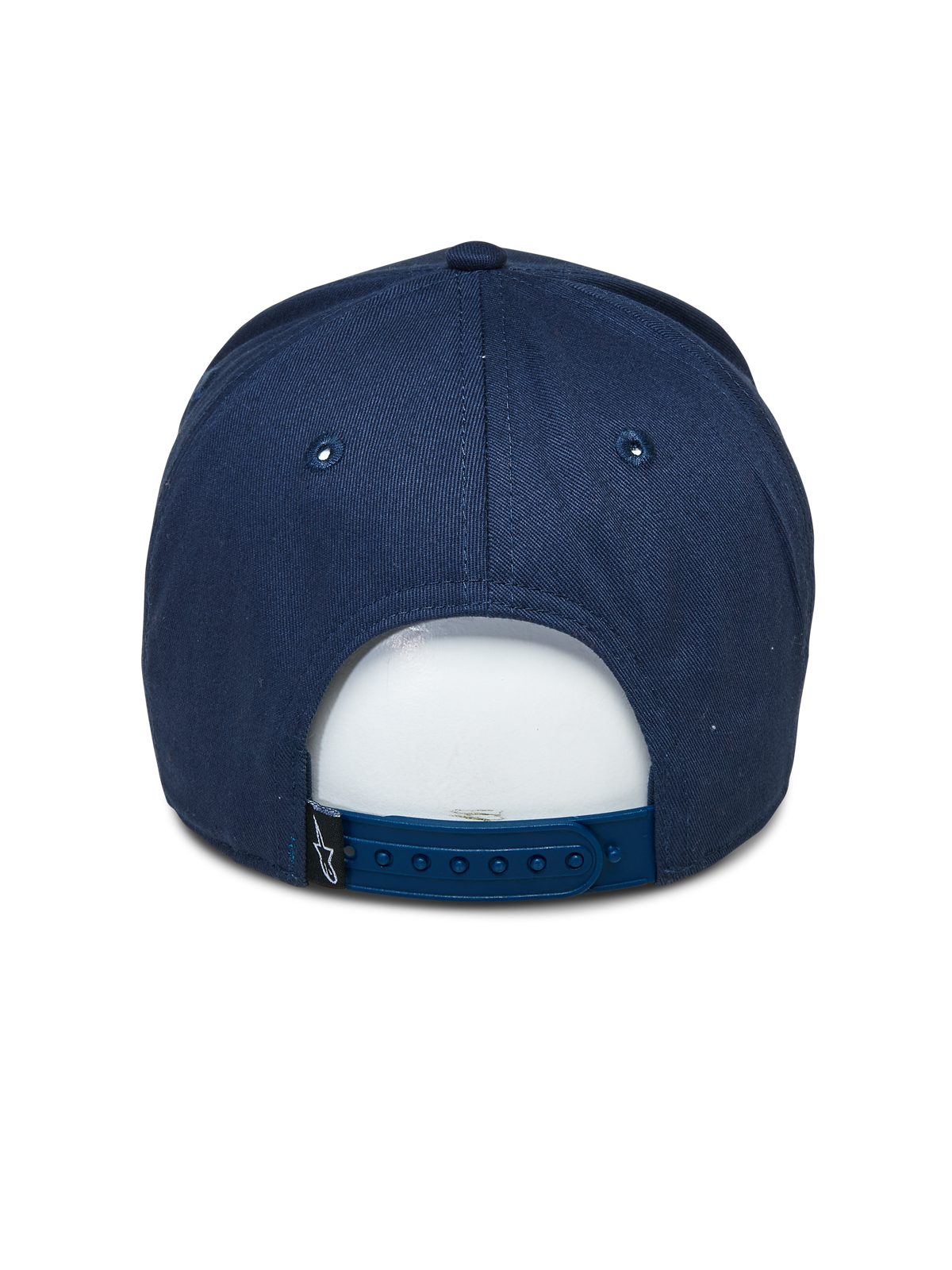 Alpinestars Committed keps, marinblå snapback-keps, vy bakifrån, med justerbart plastspänne och liten svart logotypetikett, motorsportinspirerad huvudbonad för vardagsbruk
