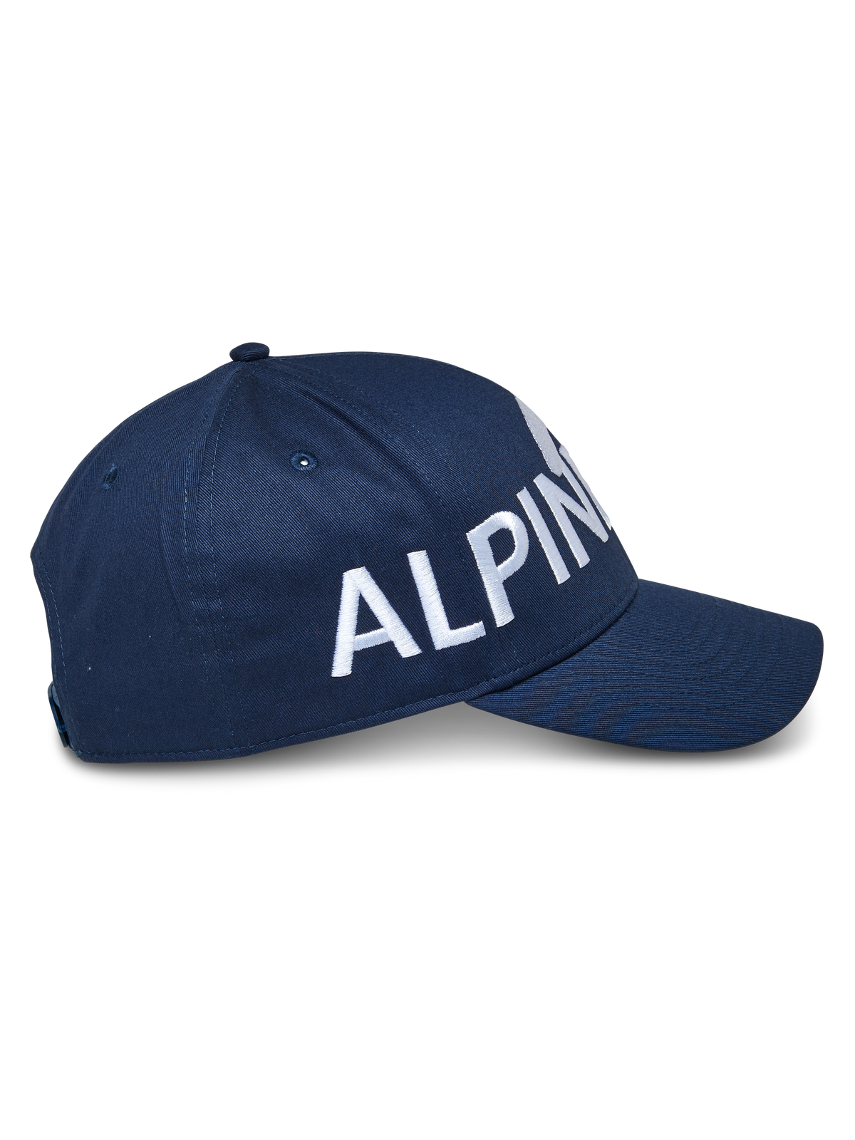 Alpinestars Committed Hat, marinblå snapback-keps, sidovy med stor vit broderad logotyp, strukturerad krona med böjd skärm, slitstarkt twilltyg, avslappnad motorsport-huvudbonad