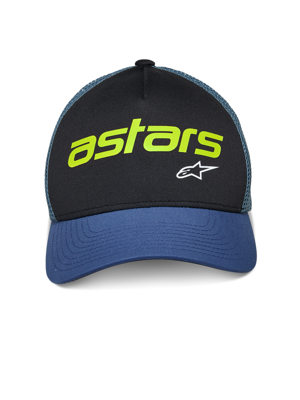 Alpinestars Vital Trucker Hat, vardaglig trucker-keps, svart och blå med grön nätbaksida, limegrön "astars"-text och vit A-stjärnlogotyp, böjd skärm och strukturerad krona