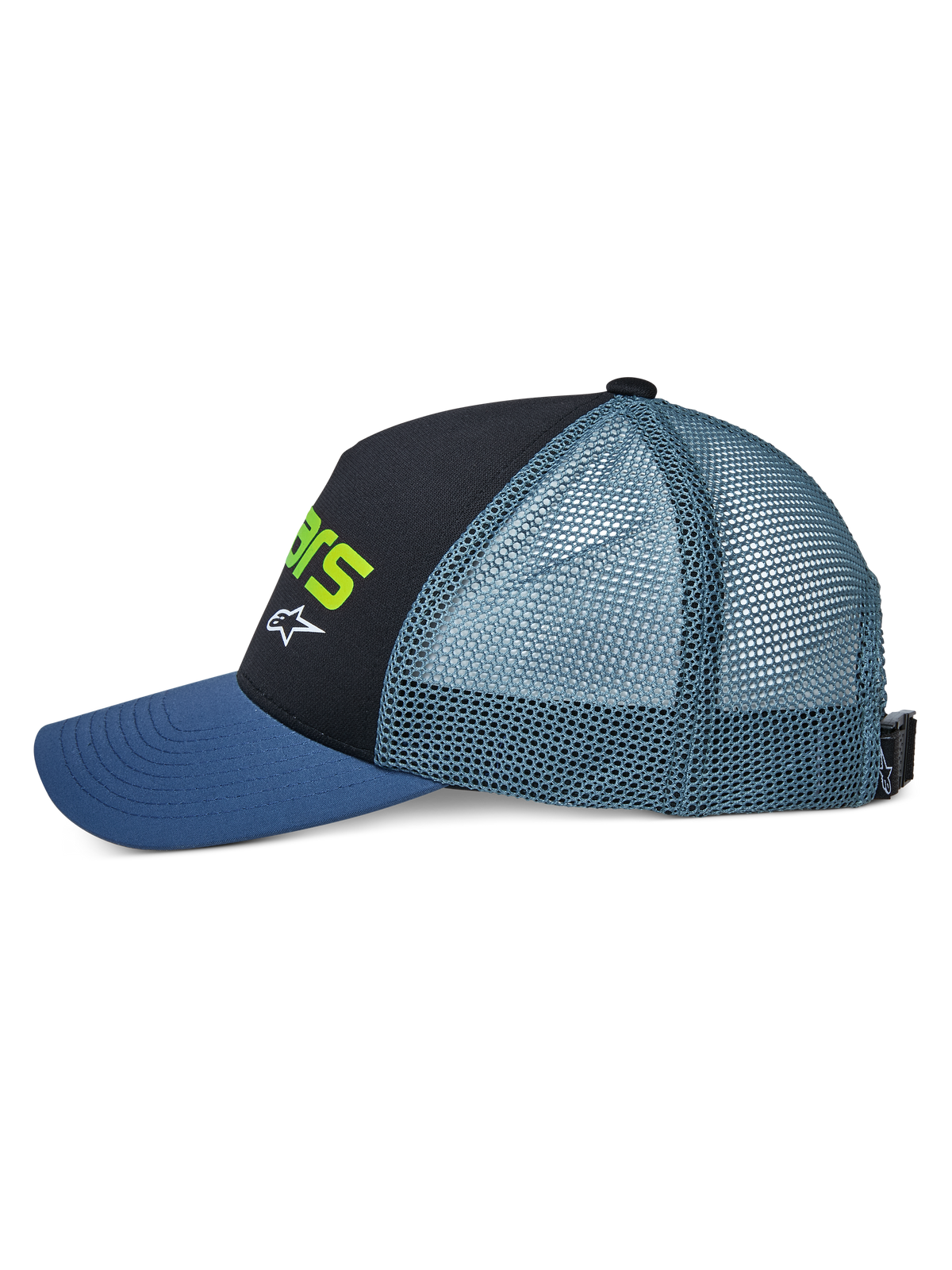 Alpinestars Vital Trucker Hat, profilvy, med blå böjd skärm, svart strukturerad frontpanel med limegrön text och vit logotyp, blågrön meshbaksida och justerbart spänne, vardaglig keps för motorsport
