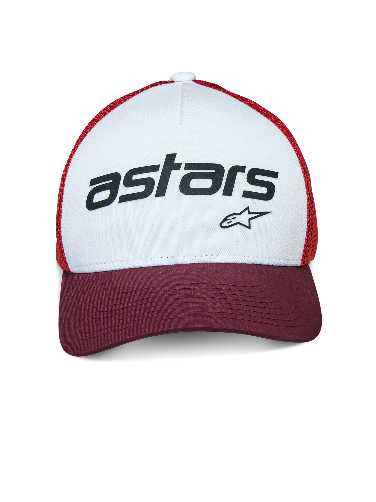Alpinestars Vital Trucker Hat, truckerkeps, vit, vinröd och orange, med vit frontpanel med svart "astars"-logotyp, vinröd böjd skärm och orange mesh, avslappnad motorsportinspirerad huvudbonad
