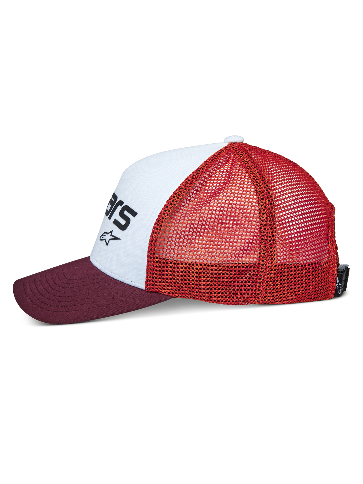 Alpinestars Vital Trucker-keps, sidovy, vit strukturerad frontpanel med svart logotyp, vinröd böjd skärm, orange nätbaksida, vardaglig sportig huvudbonad