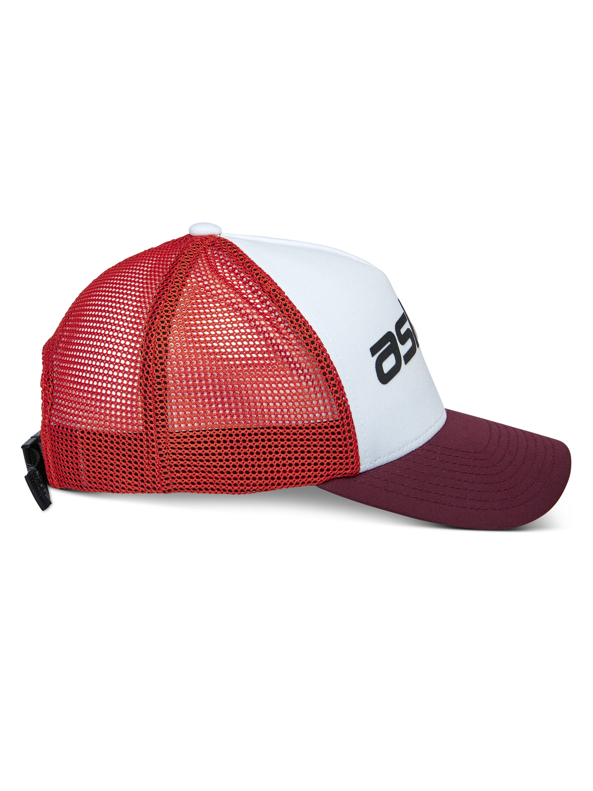 Alpinestars Vital Trucker Hat, klassisk truckerkeps, vit, vinröd och orange, sidoprofil med böjd skärm och baksida i mesh, justerbart spänne, strukturerad krona med svart logotyp