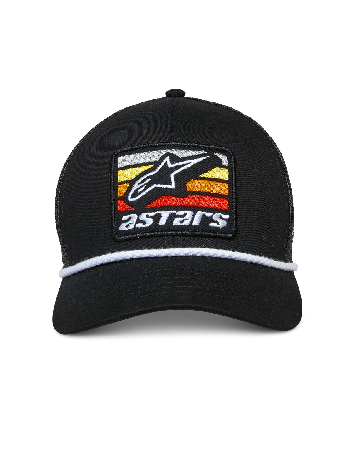 Alpinestars Selica Trucker Hat, Black, Front embroidered patch with white Astars logo and multi-colored stripes, white braided rope trim, curved bill, structured crown, casual motorsport-inspired streetwear