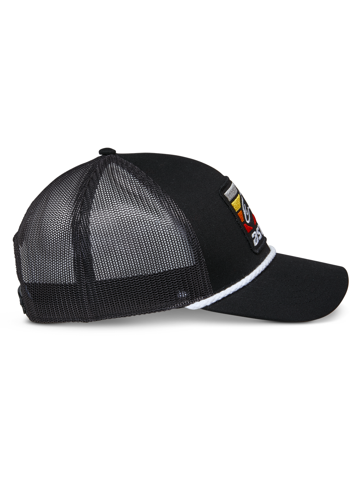 Alpinestars Selica Trucker Hat, Black Trucker Hat, side profile view featuring black mesh panels, white braided rope trim, colorful embroidered patch logo, curved bill, casual motorsport headwear