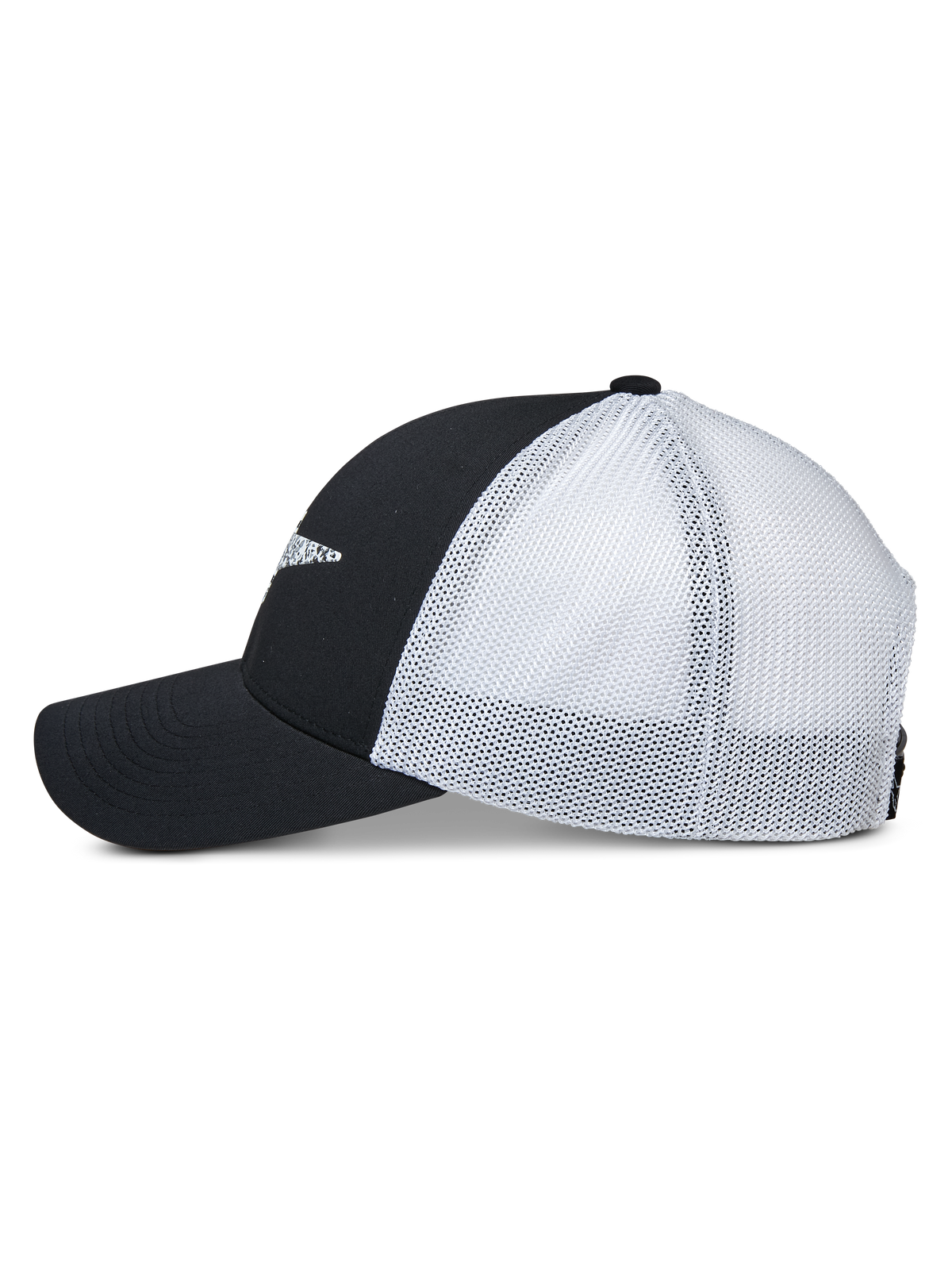 Alpinestars Terolithic Trucker Hat, side profile view, black front panels and curved bill with white mesh back panels, casual sportswear snapback cap