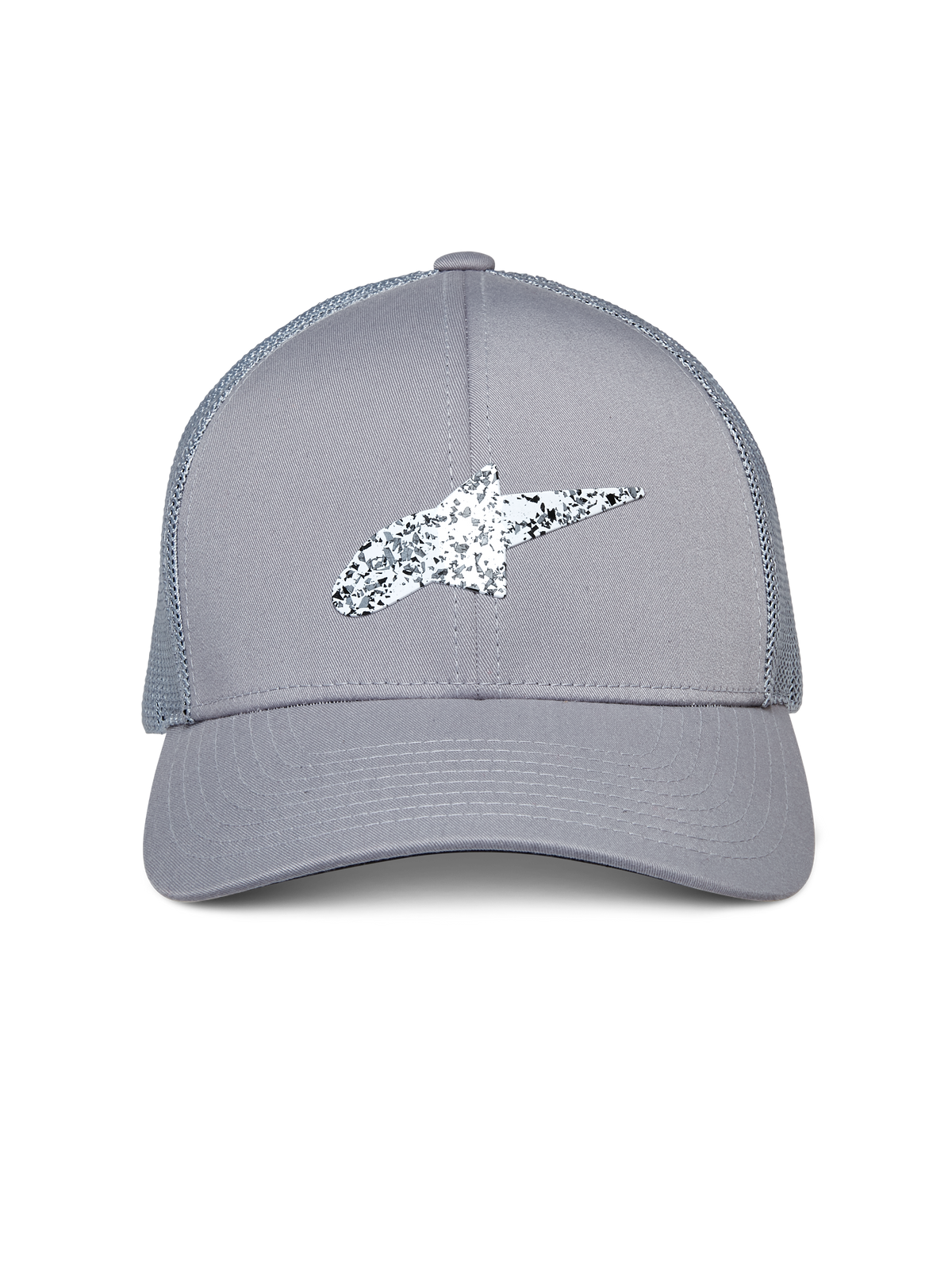 Alpinestars Terolithic Trucker Hat, grå keps med en spräcklig svartvit Astar-logotyp, böjd skärm och baksida i mesh, vardaglig motorsport-inspirerad huvudbonad