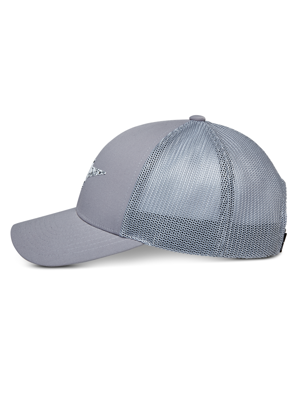 Alpinestars Terolithic Trucker Hat, grå truckerkeps med nätbaksida och böjd skärm, sedd från sidan, strukturerad låg krona med logotypdetalj fram, casual motorsport-inspirerad huvudbonad